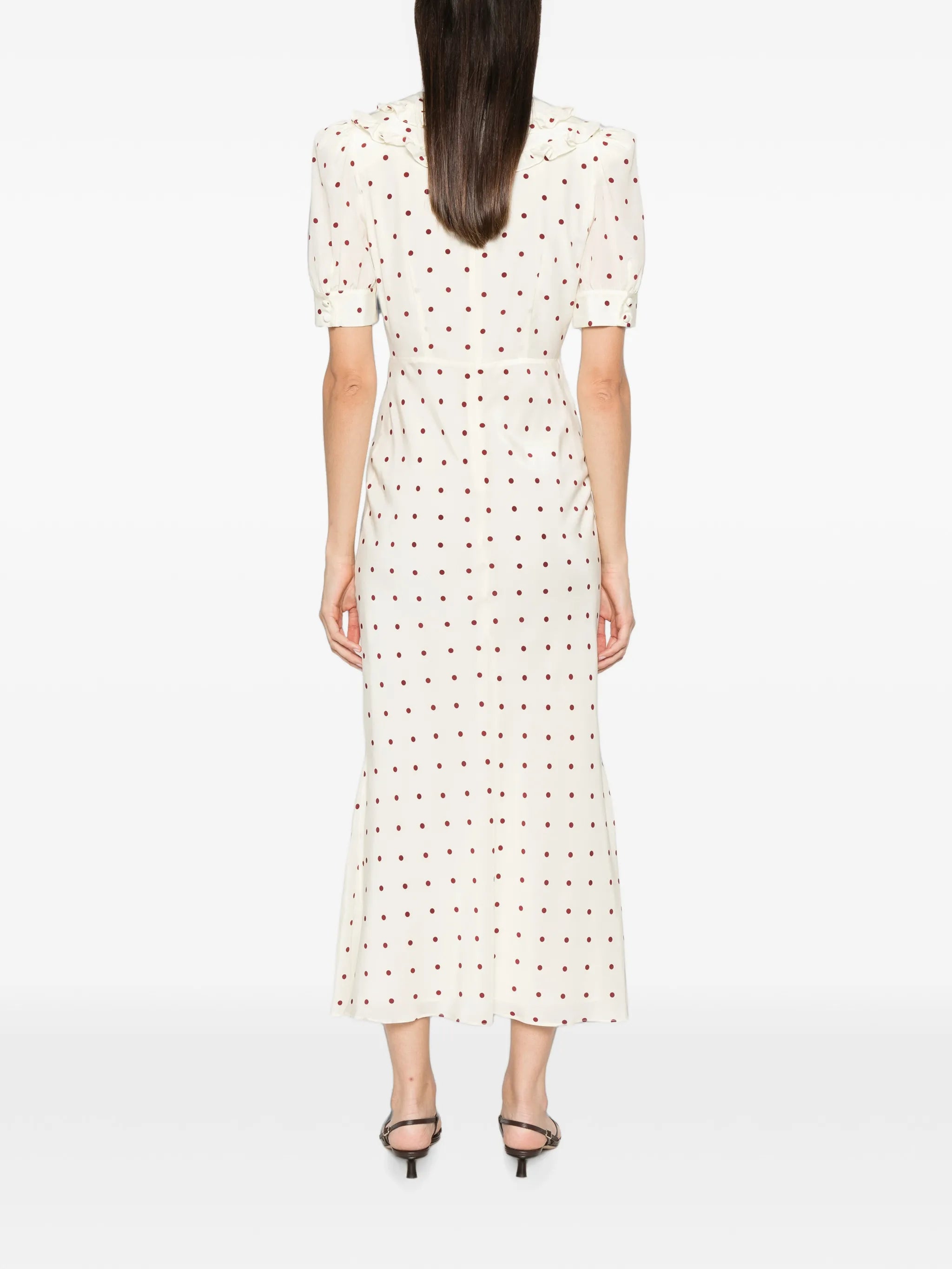 polka-dot silk midi dress with double collar