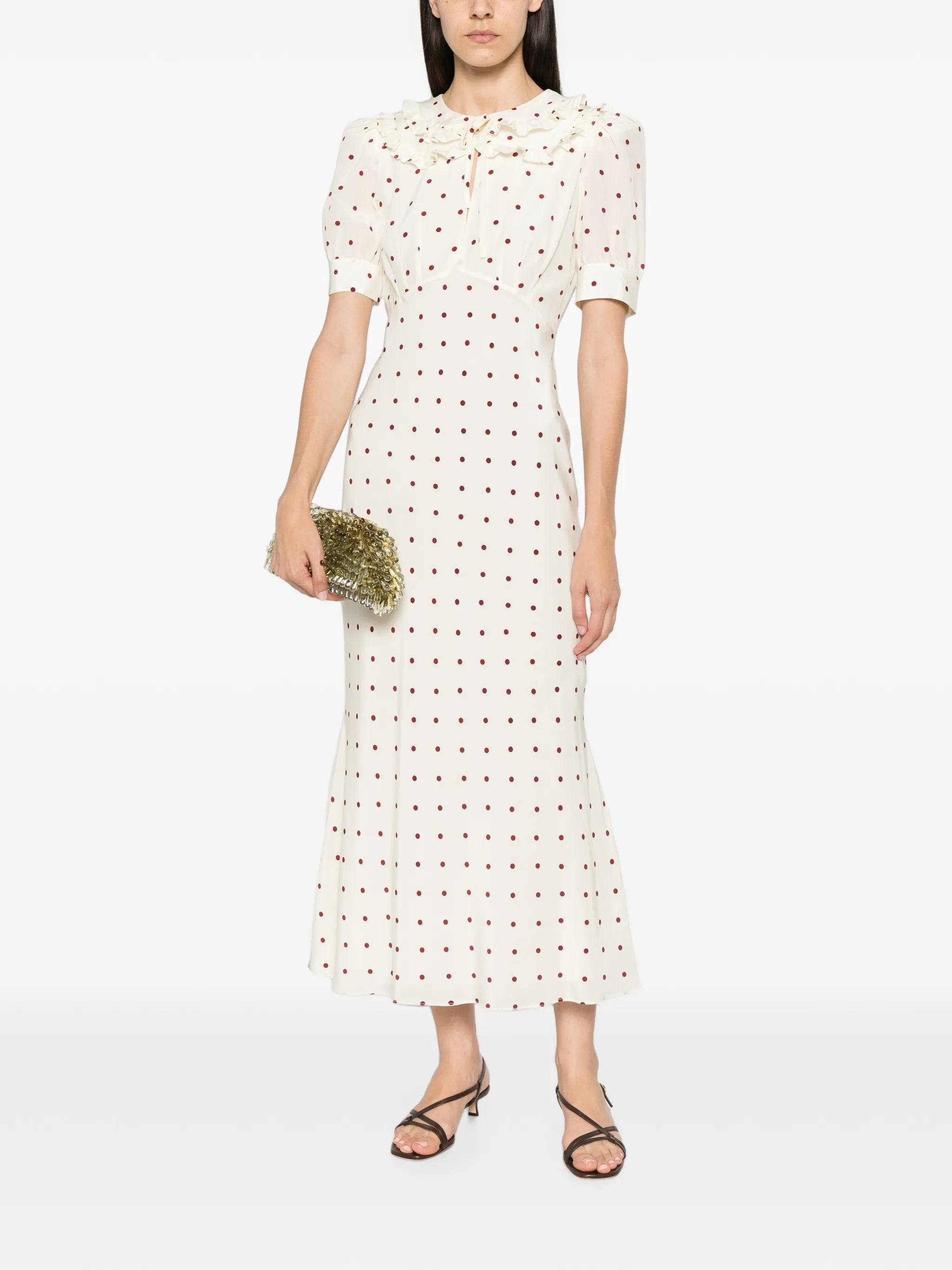polka-dot silk midi dress with double collar
