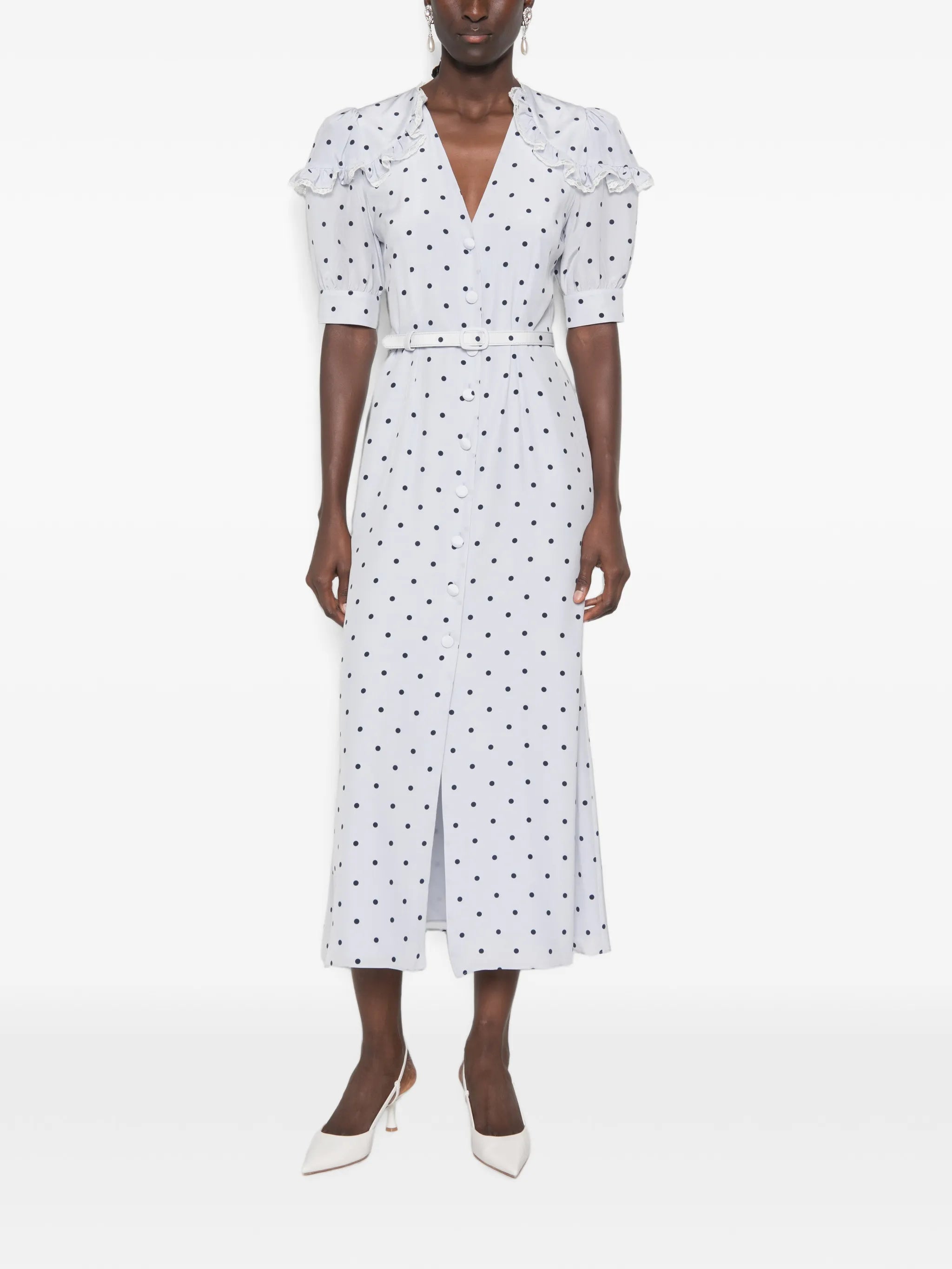 polka-dot ruffled midi dress