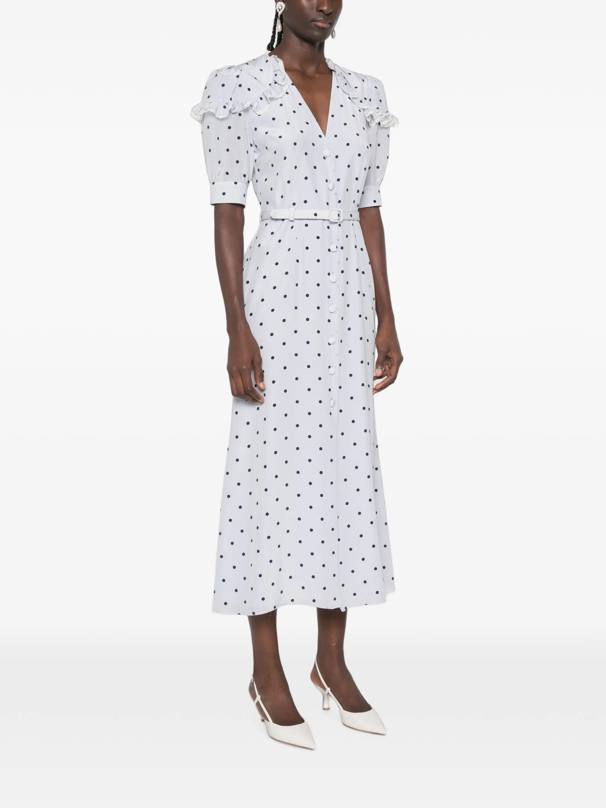 polka-dot ruffled midi dress