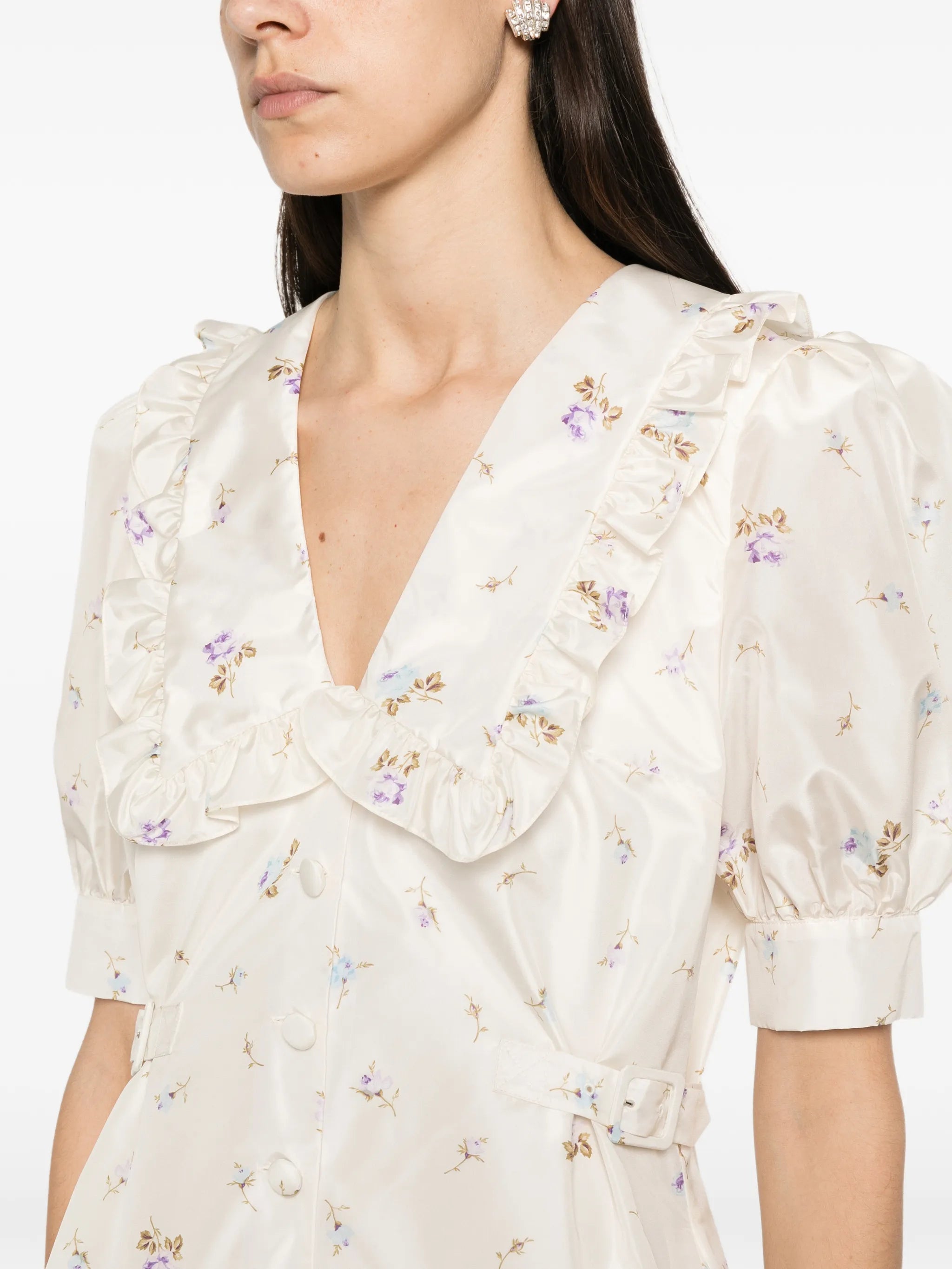 floral-print silk taffeta mini dress with buckles