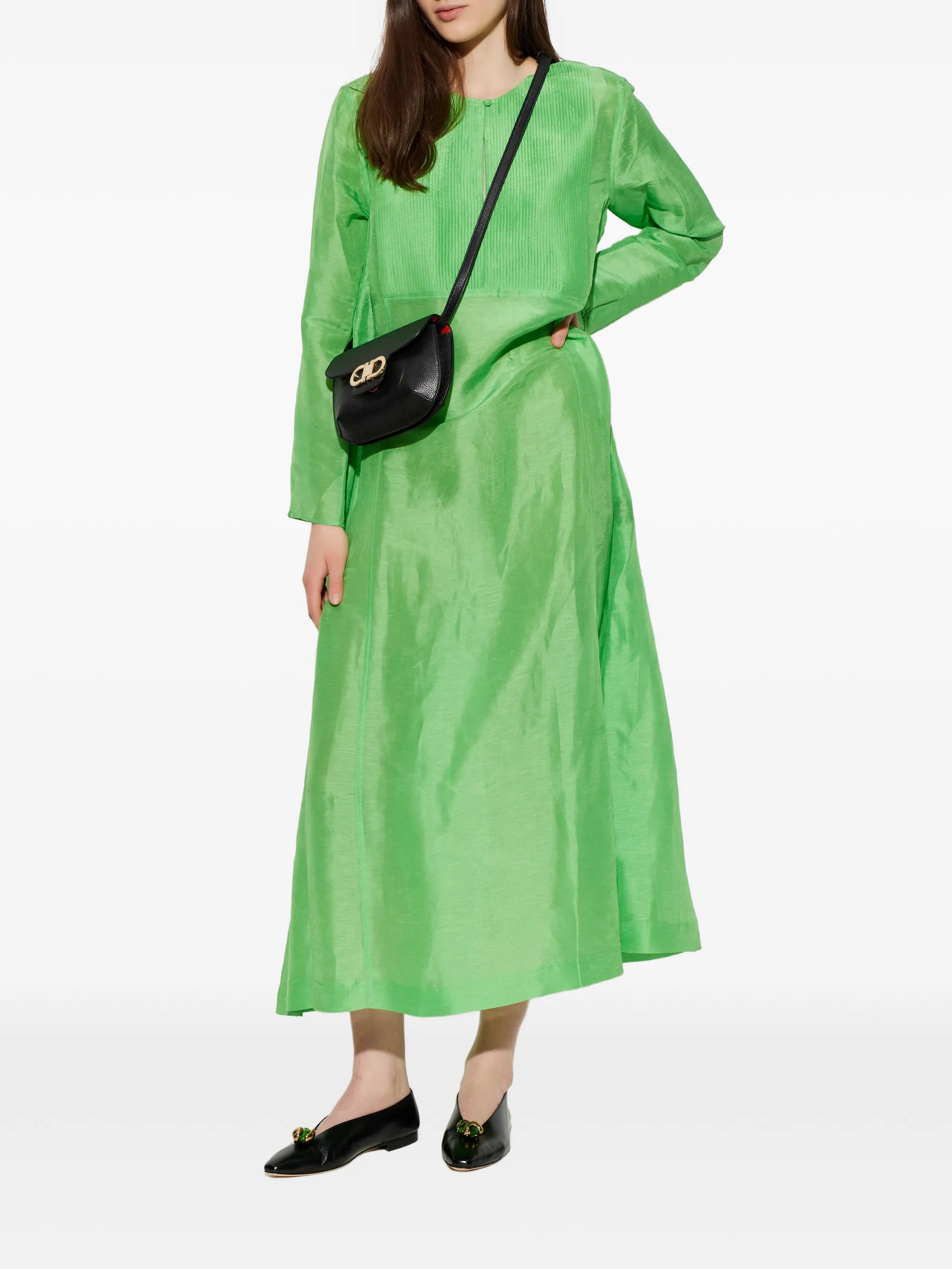 pleated-bib long-sleeve maxi dress