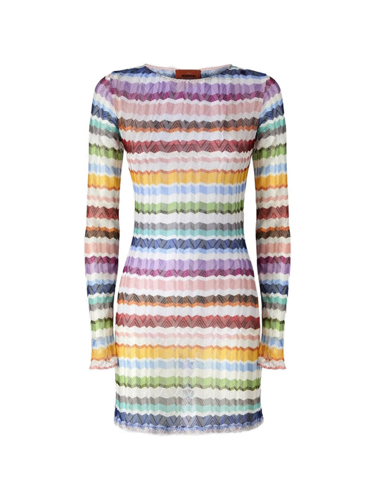 Zigzag-knit long-sleeve beach dress