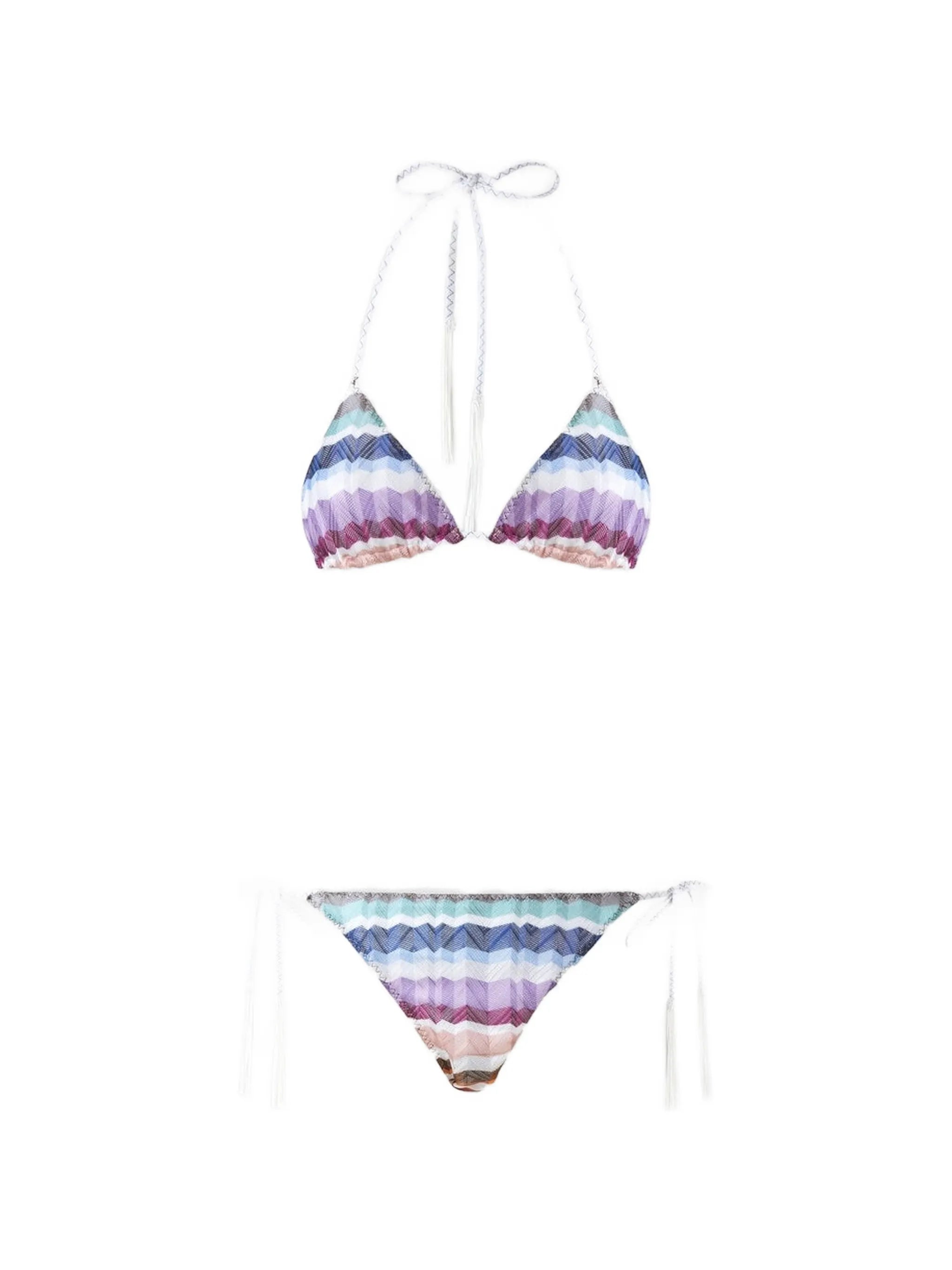 zig zag tulle triangle bikini with applied tassels