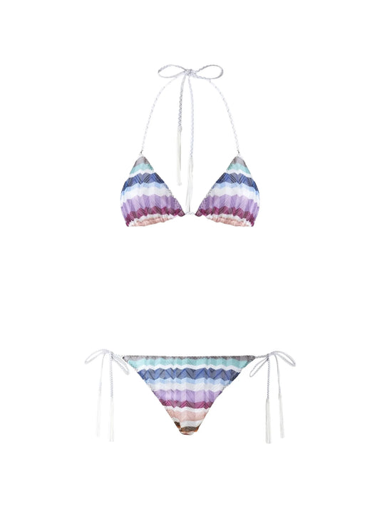zig zag tulle triangle bikini with applied tassels