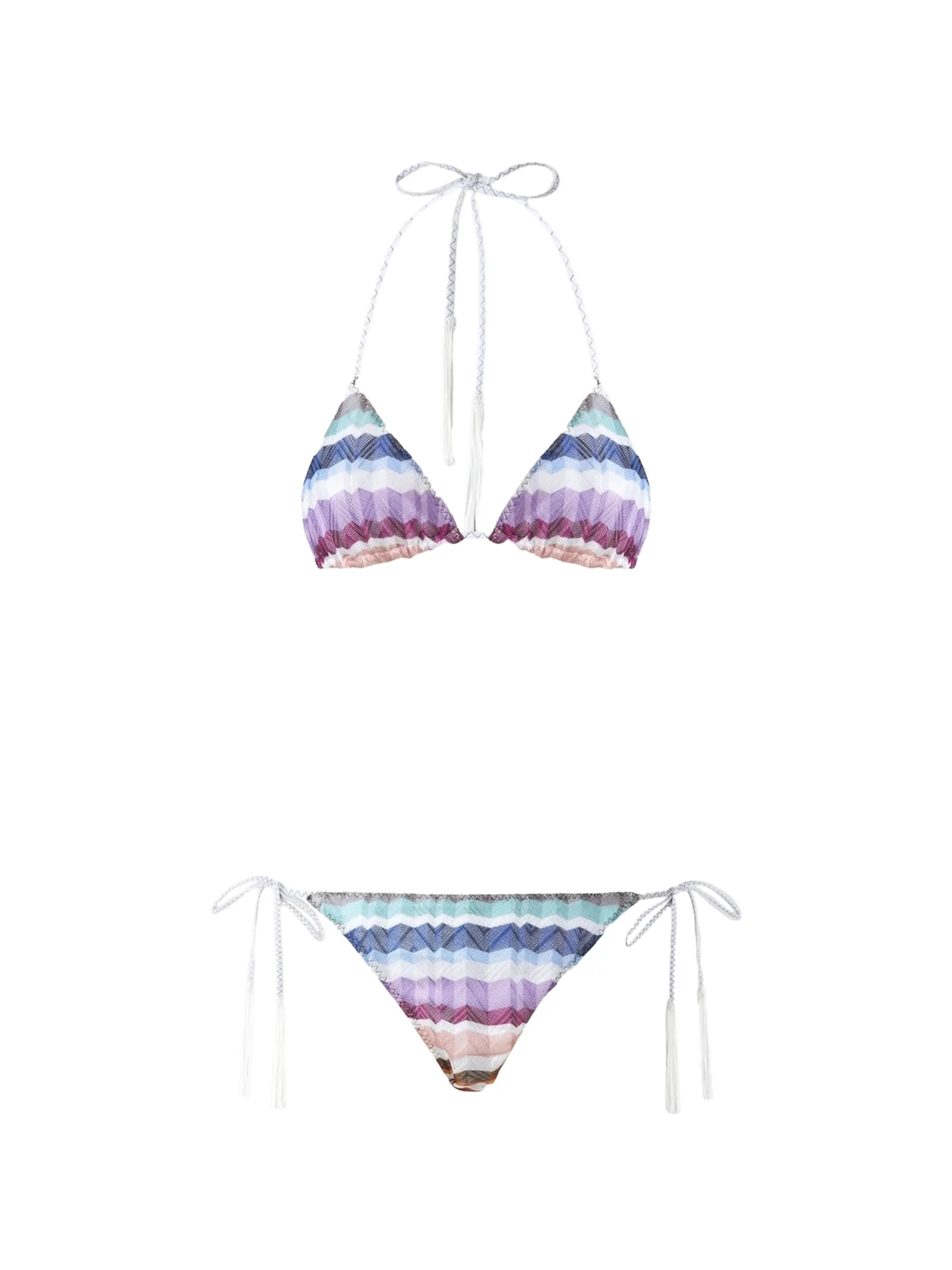 Zigzag tulle triangle bikini with applied tassels