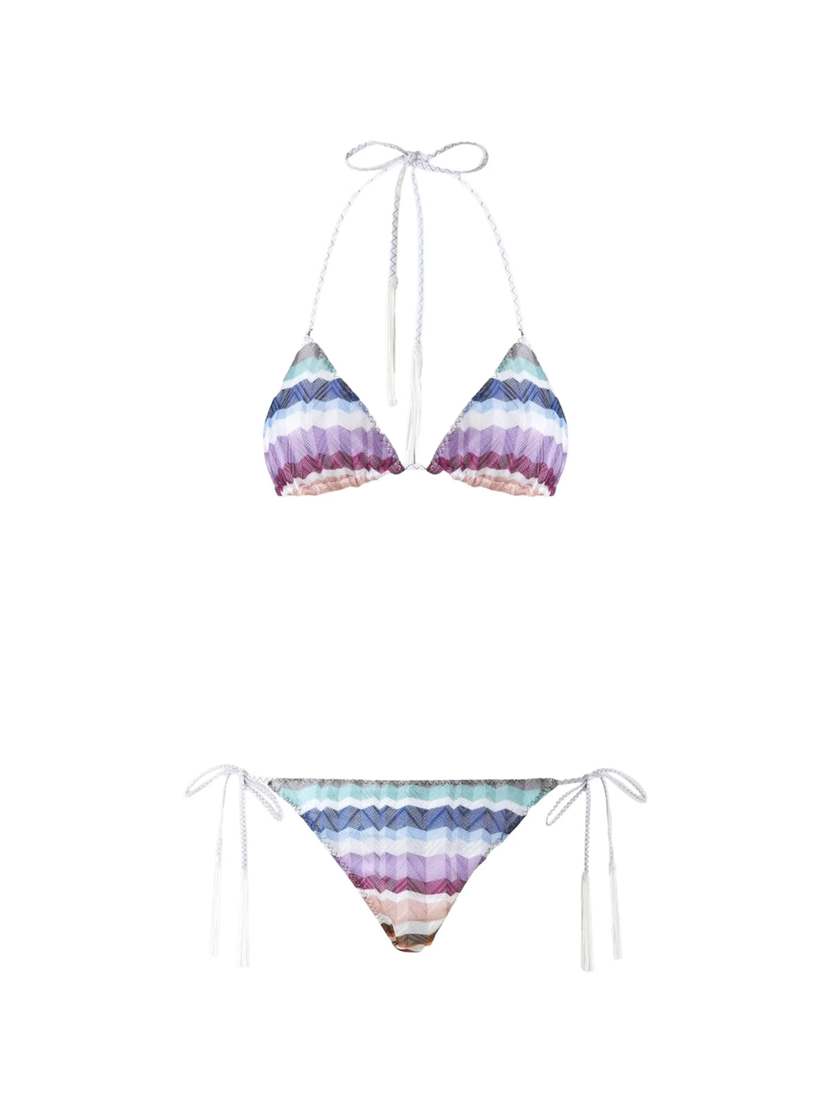 Zigzag tulle triangle bikini with applied tassels