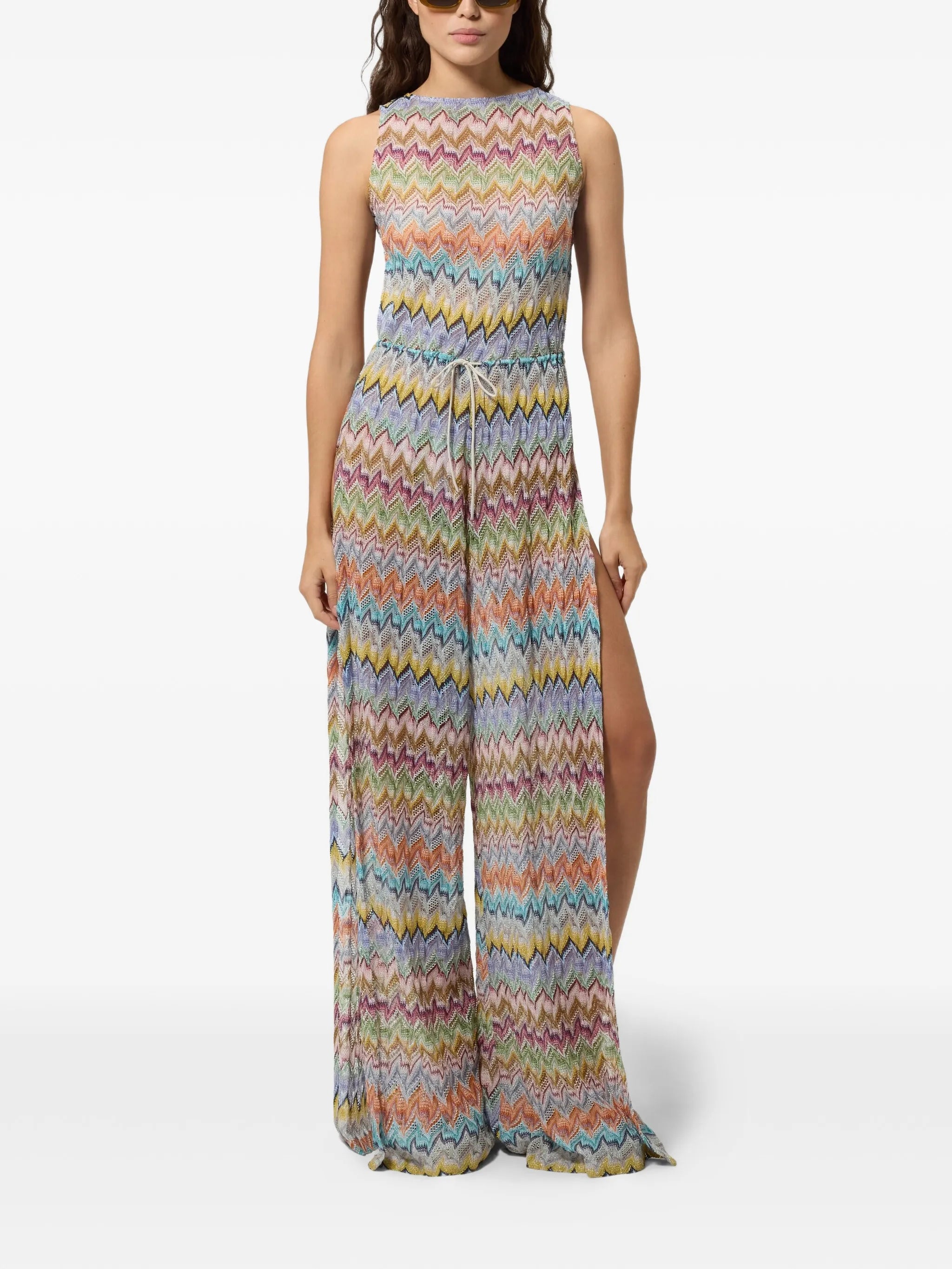 long lamé zigzag cover-up jumpsuit with cut-out