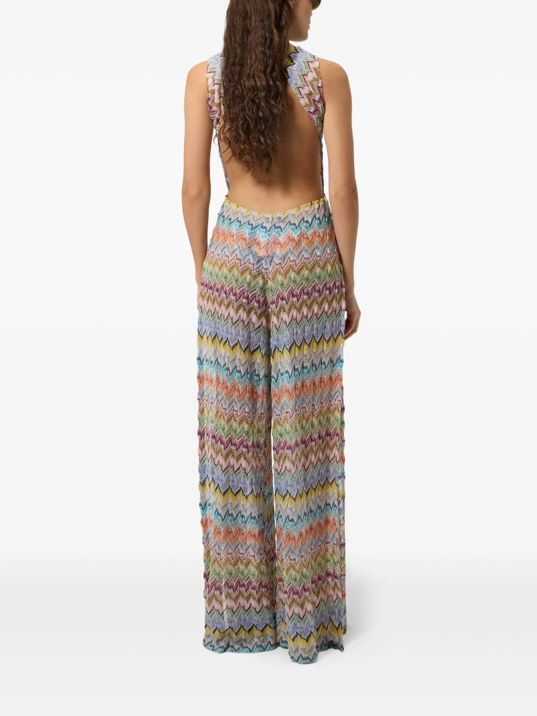 long lamé zigzag cover-up jumpsuit with cut-out