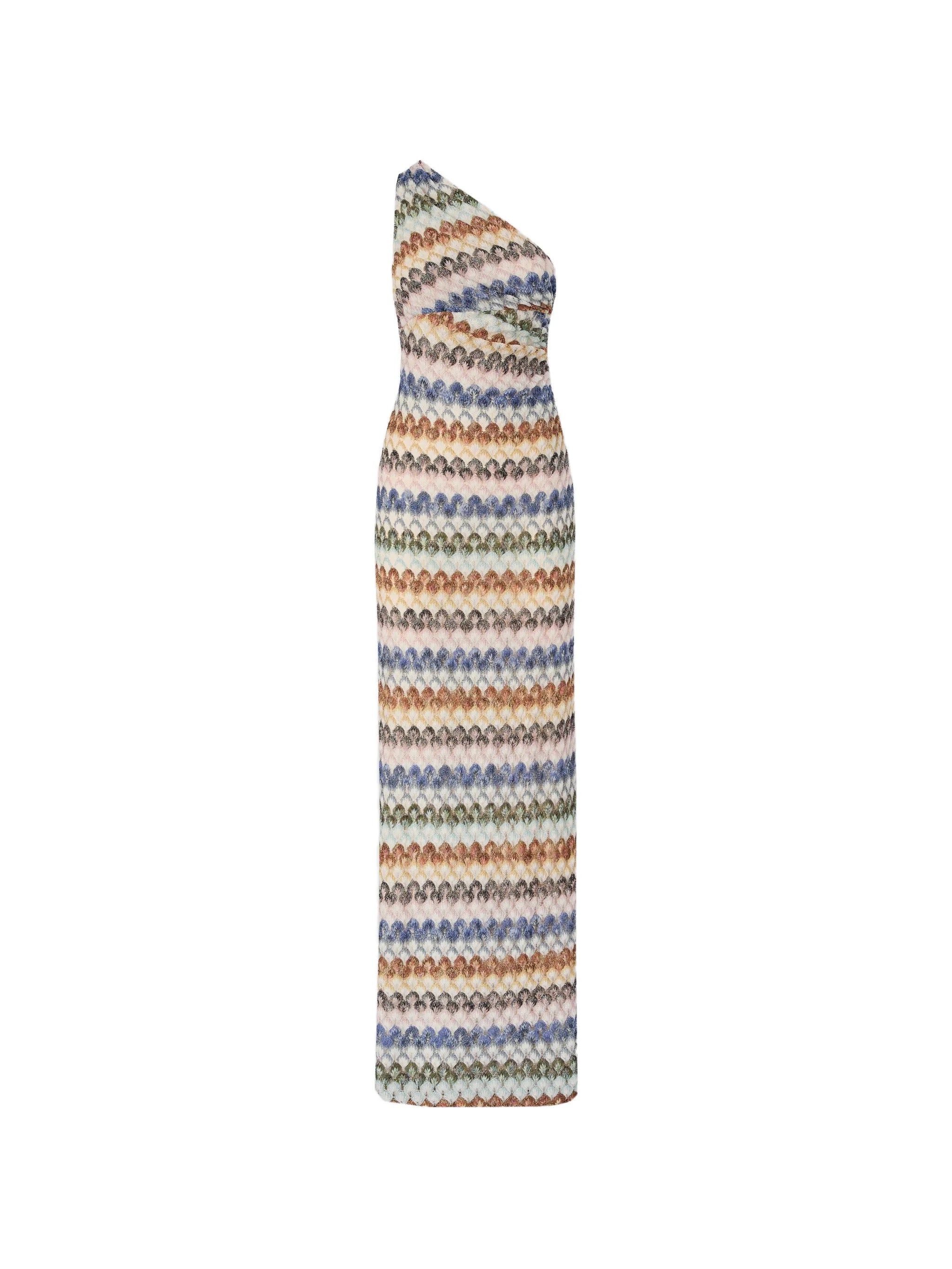 one-shoulder lamé long dress