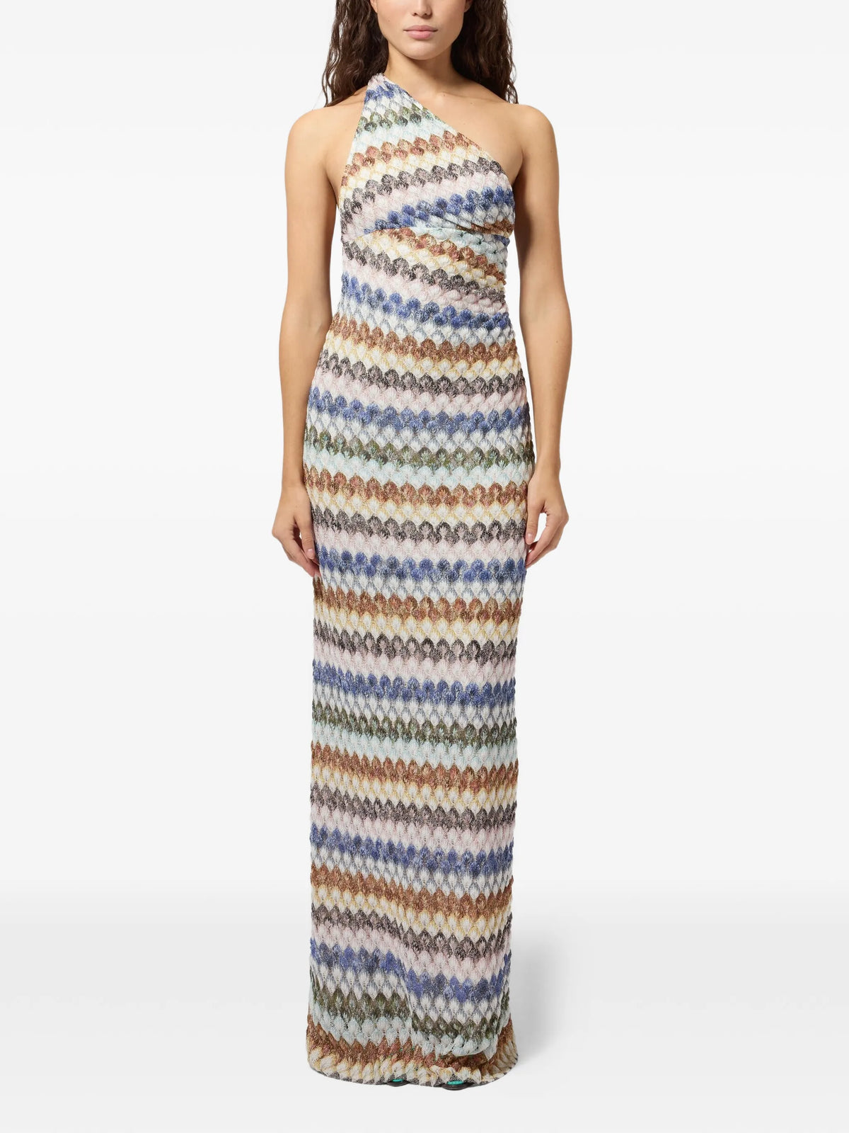 one-shoulder lamé long dress