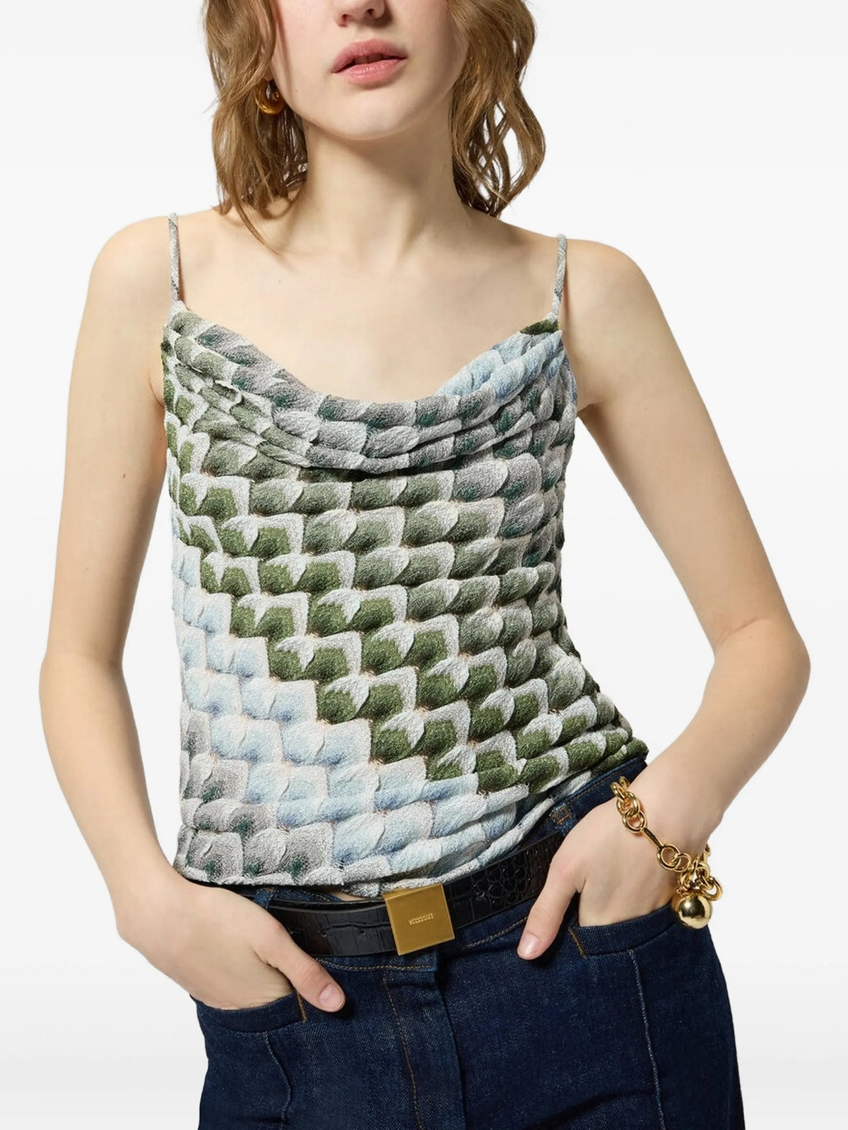 lace motif top with draped neckline