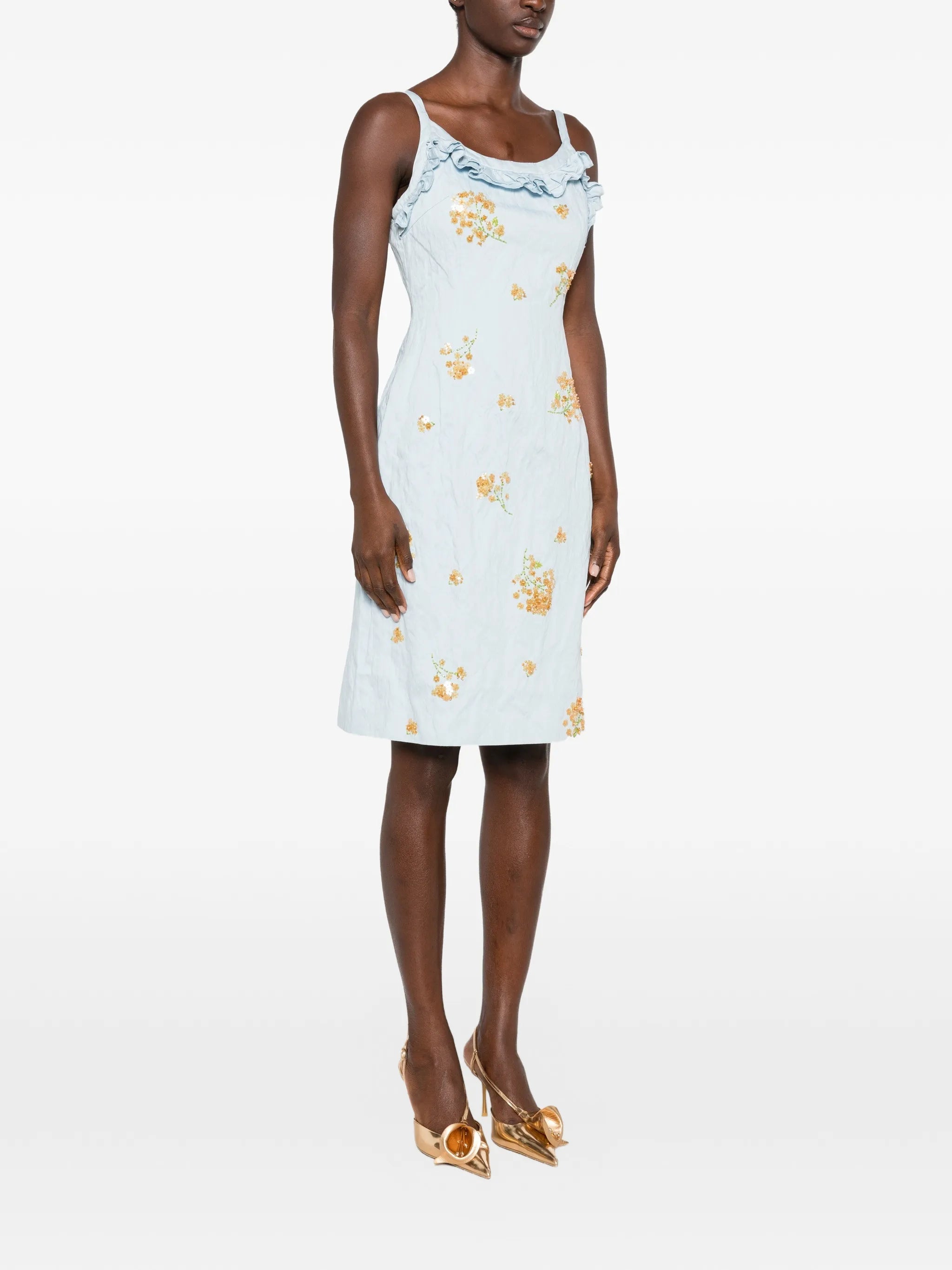 ruffled floral-embellished midi dress