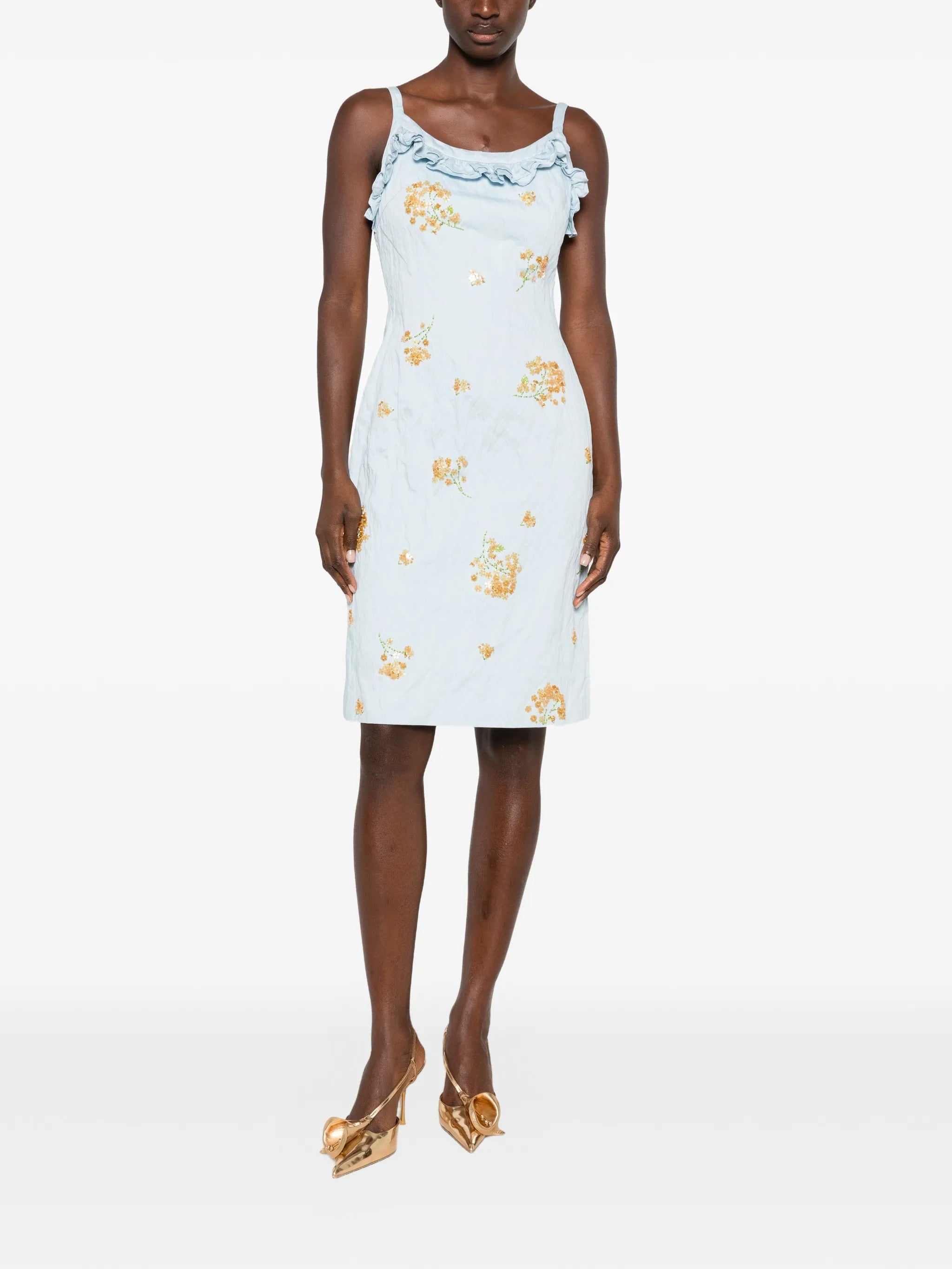 ruffled floral-embellished midi dress