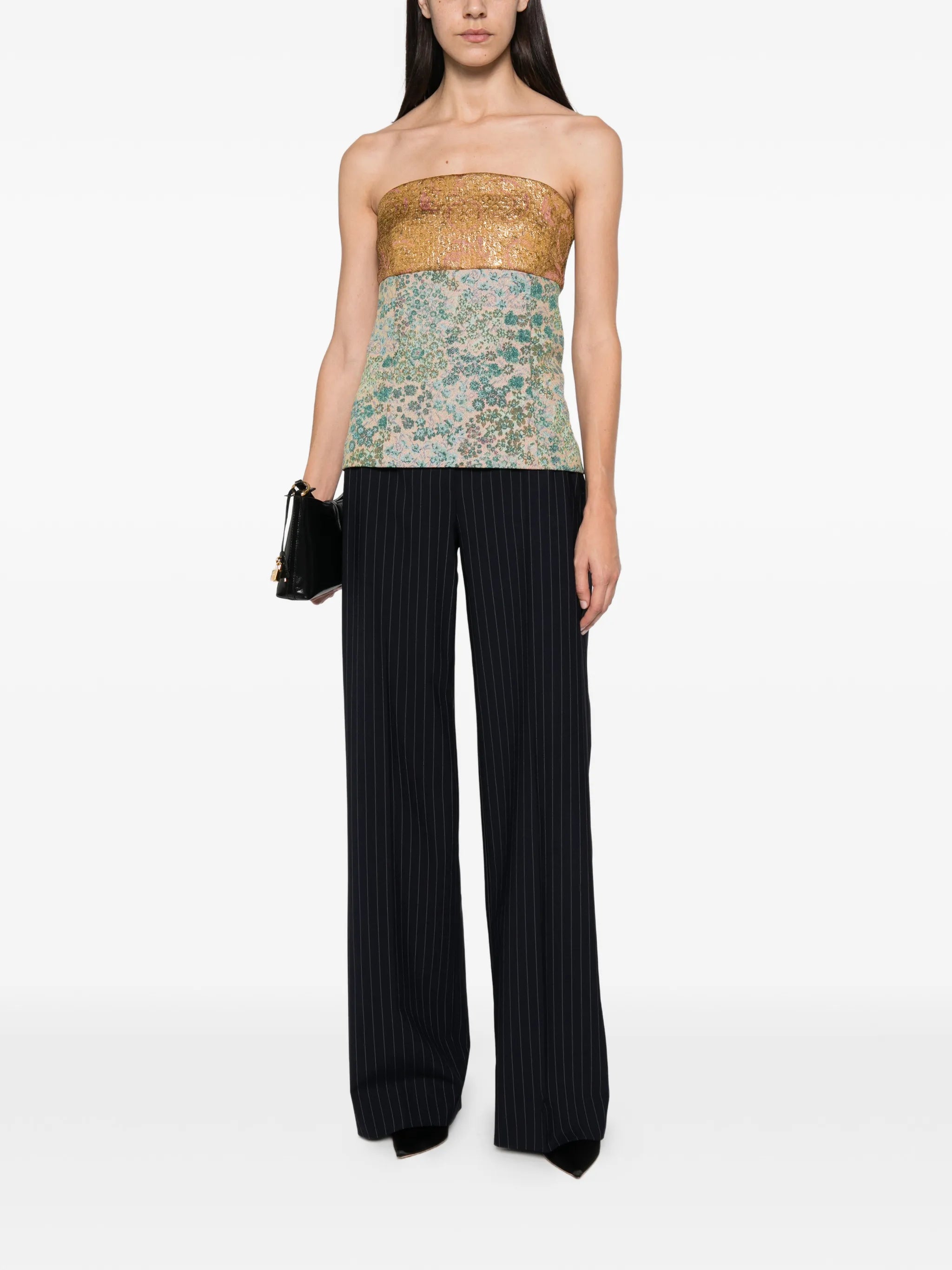pinstriped wide-leg trousers