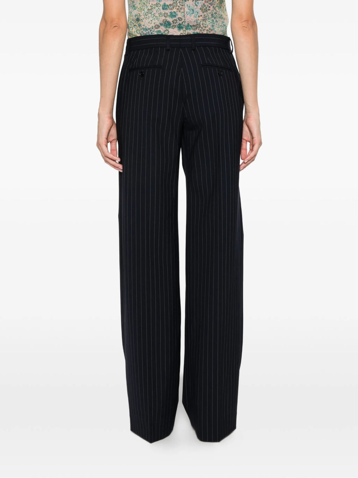pinstriped wide-leg trousers