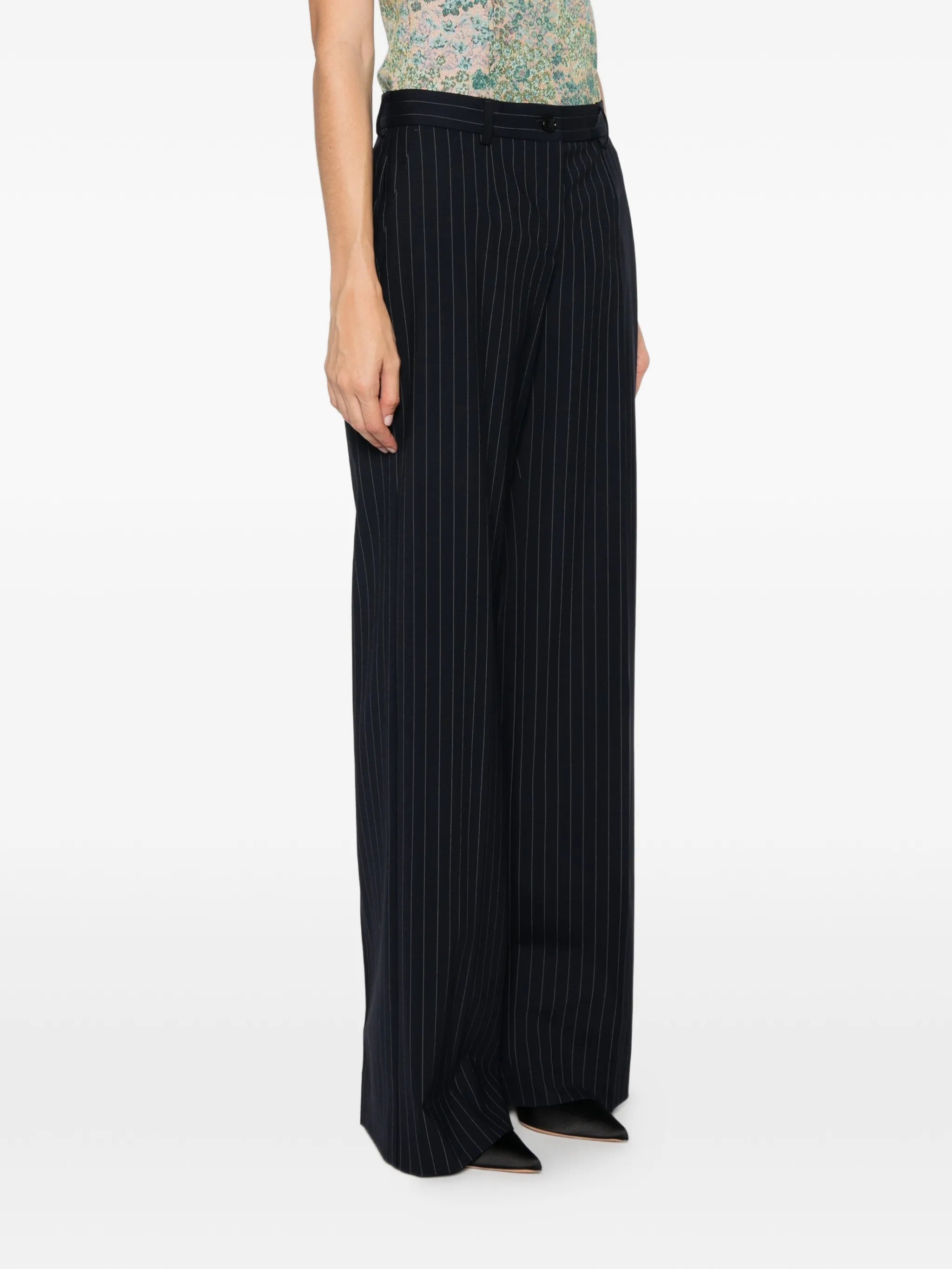 pinstriped wide-leg trousers