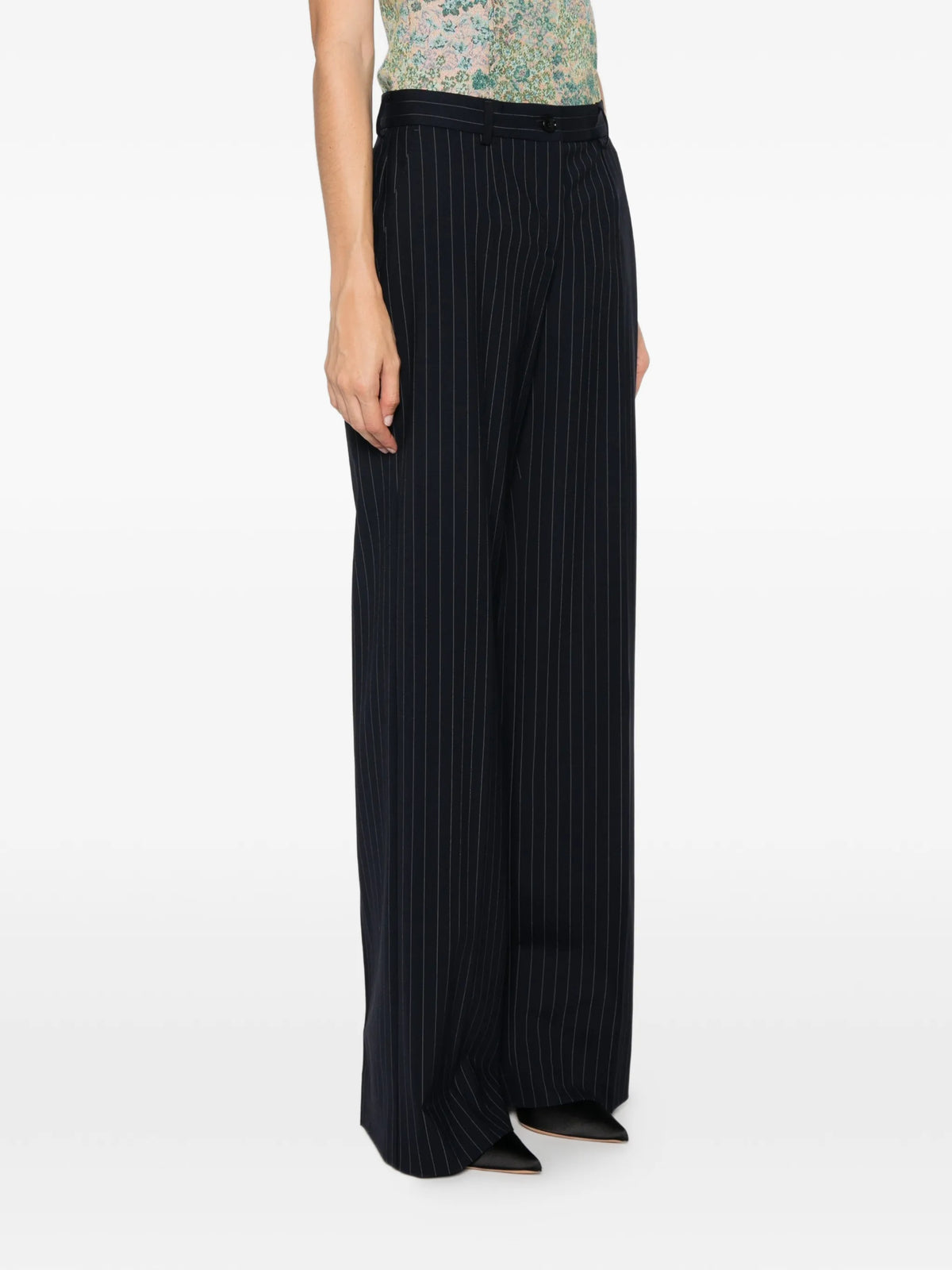 pinstriped wide-leg trousers