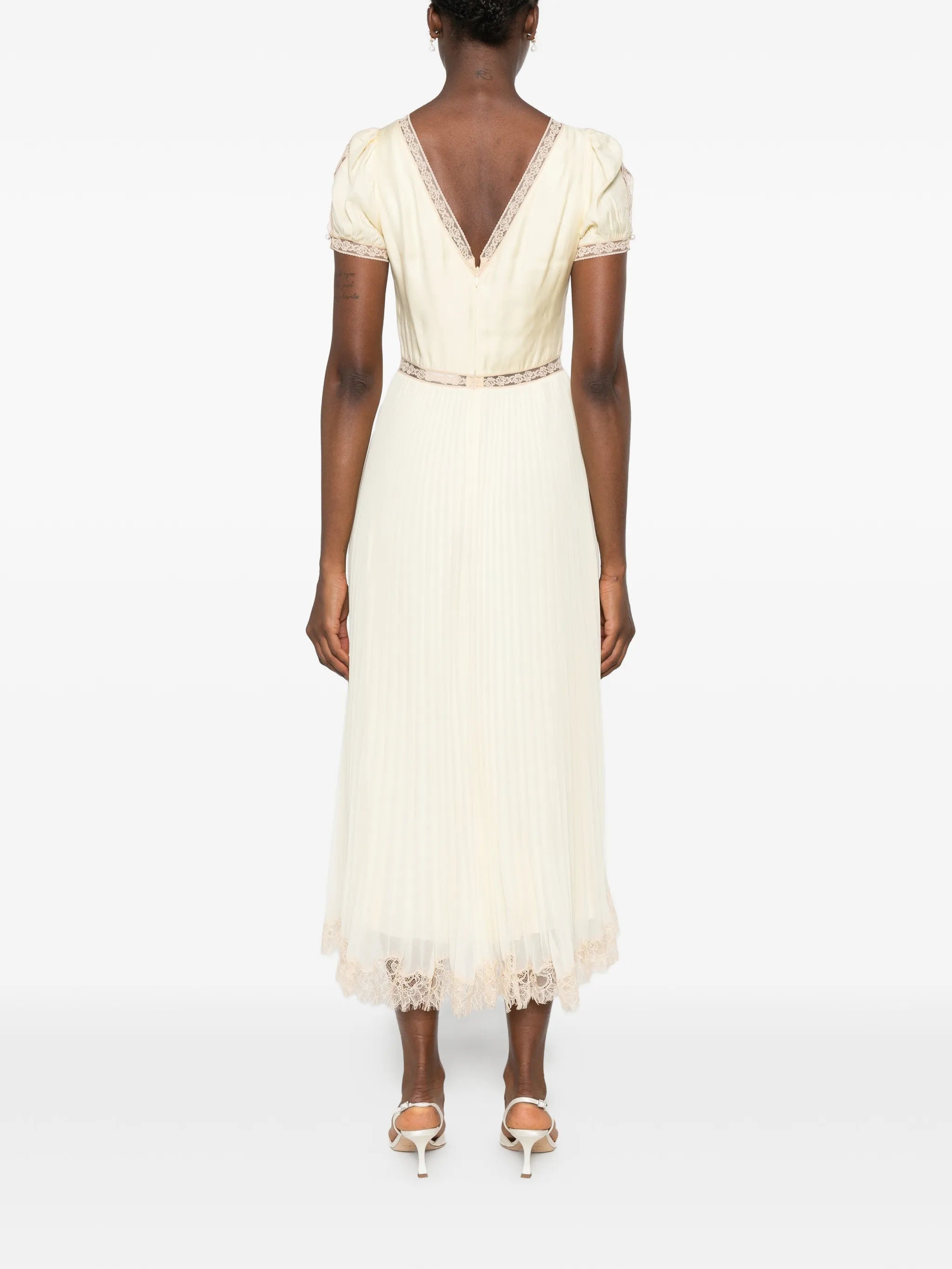 pleated lace midi dress