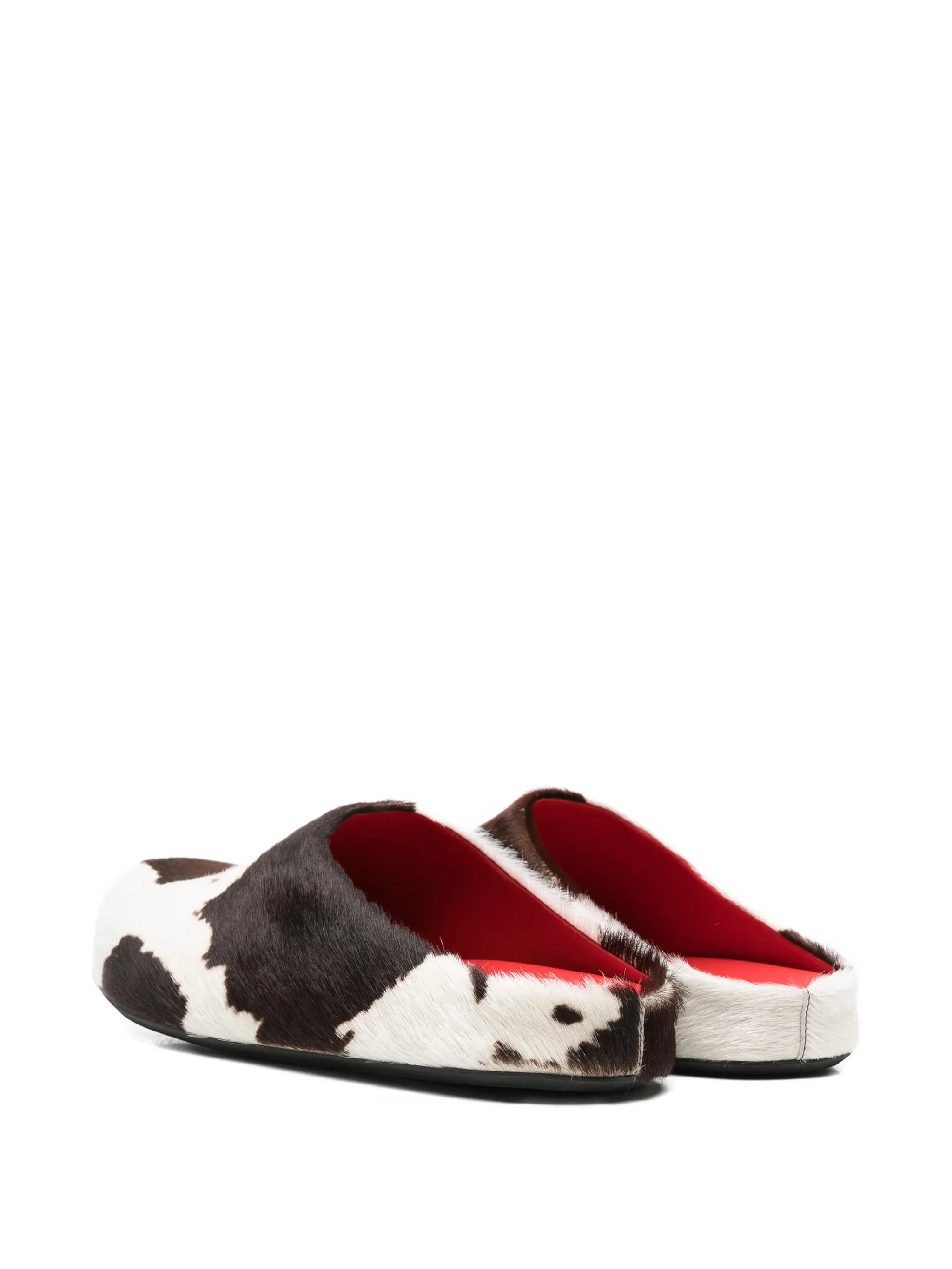 White and brown cow-print ponyhair Fussbett sabot