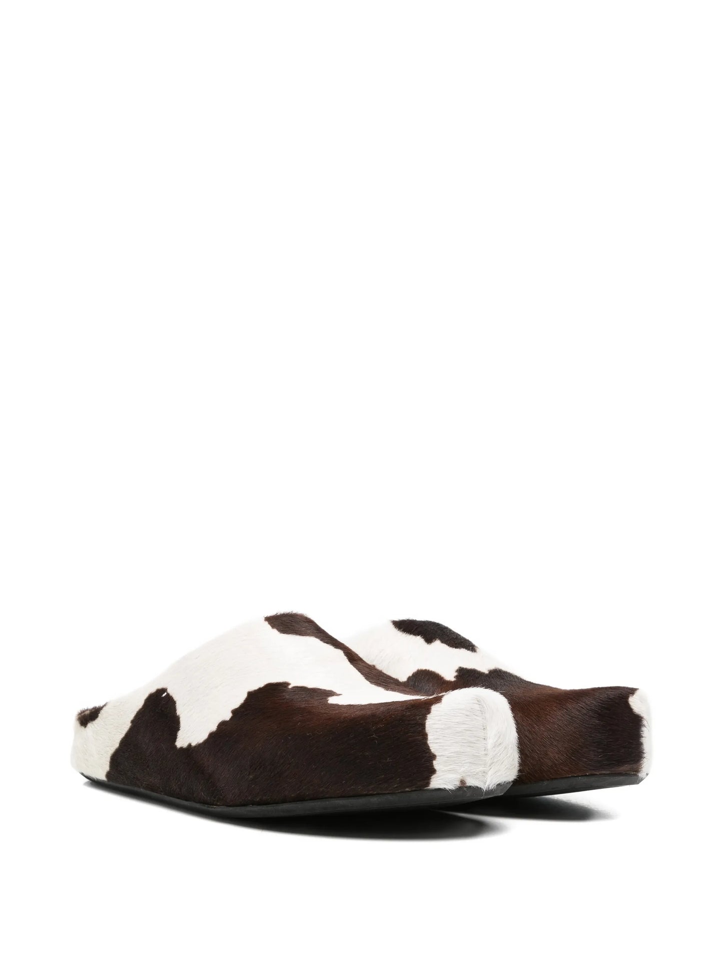White and brown cow-print ponyhair Fussbett sabot