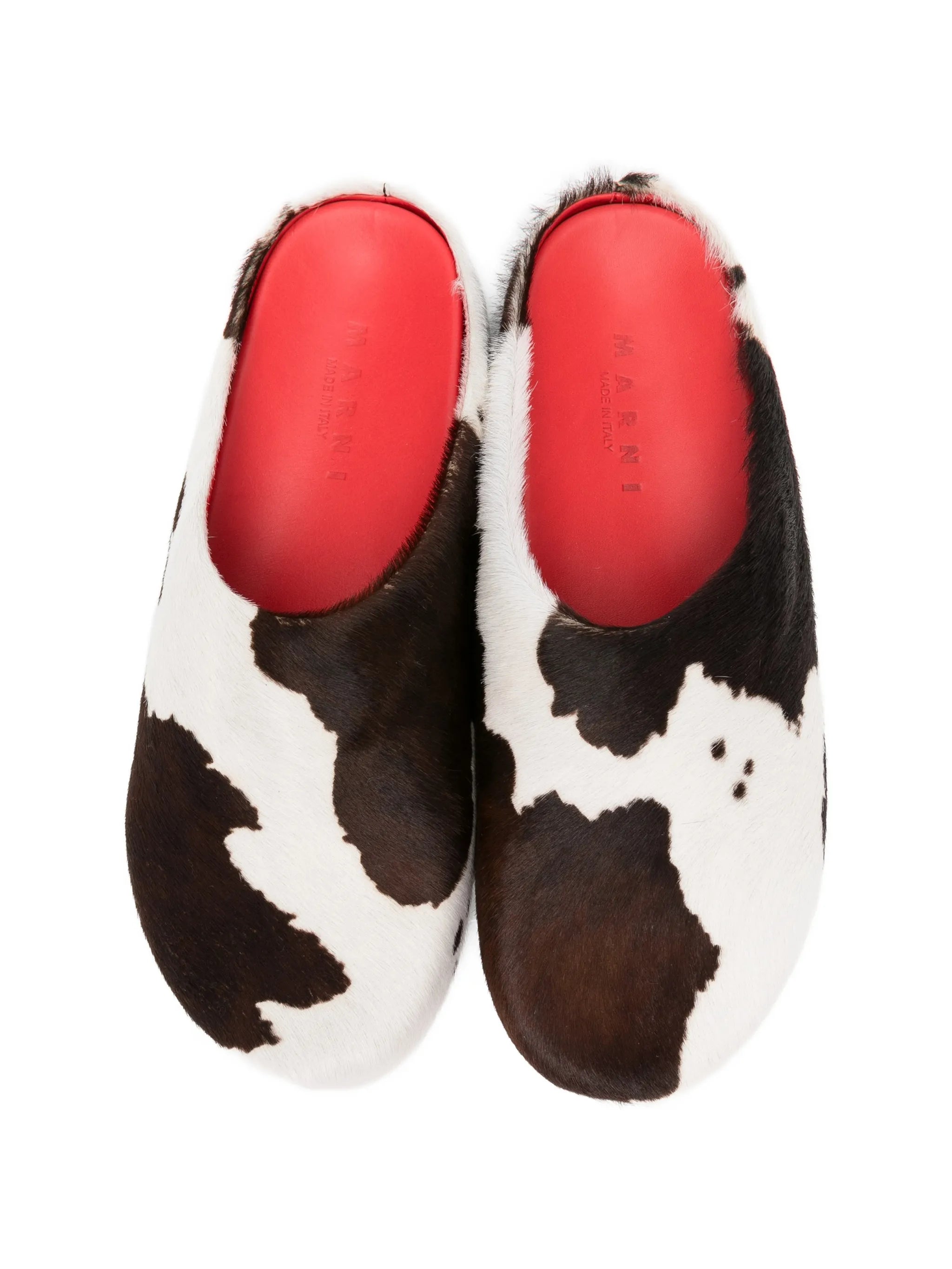White and brown cow-print ponyhair Fussbett sabot