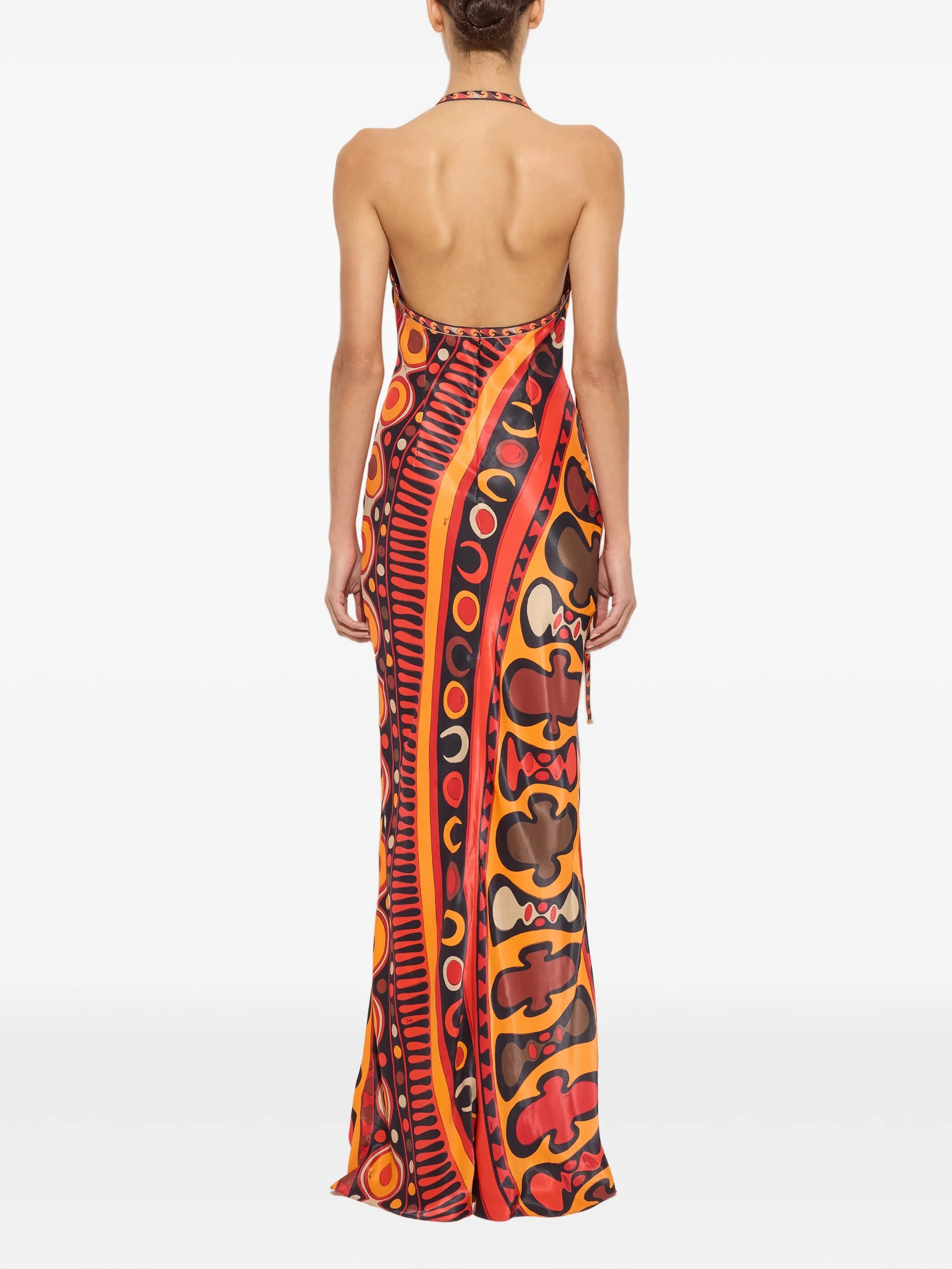 Soleil-print orange satin dress