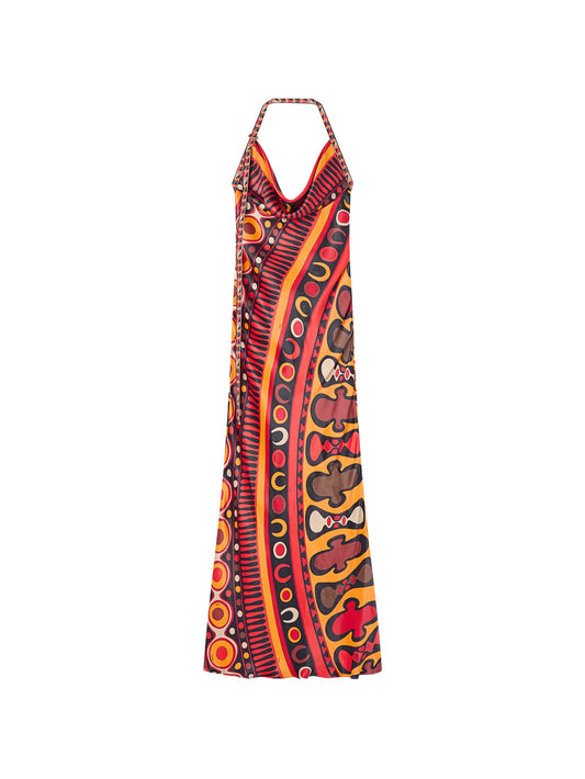 Soleil-print orange satin dress