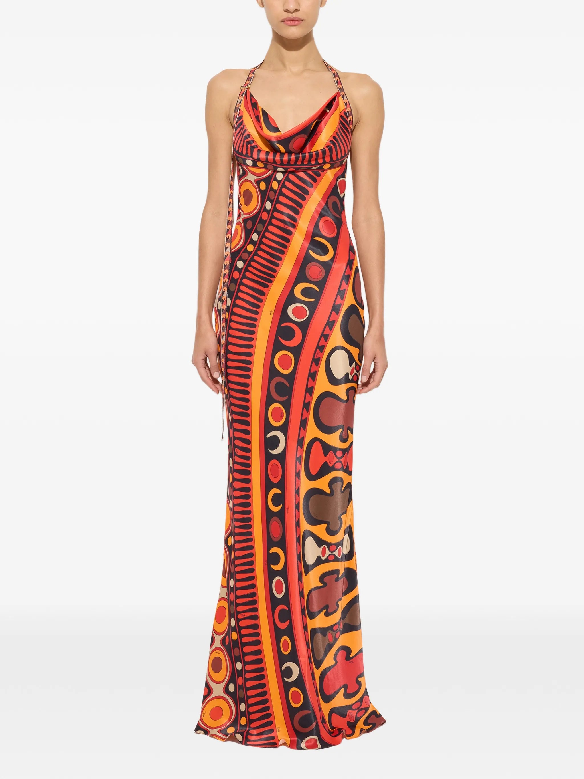Soleil-print orange satin dress