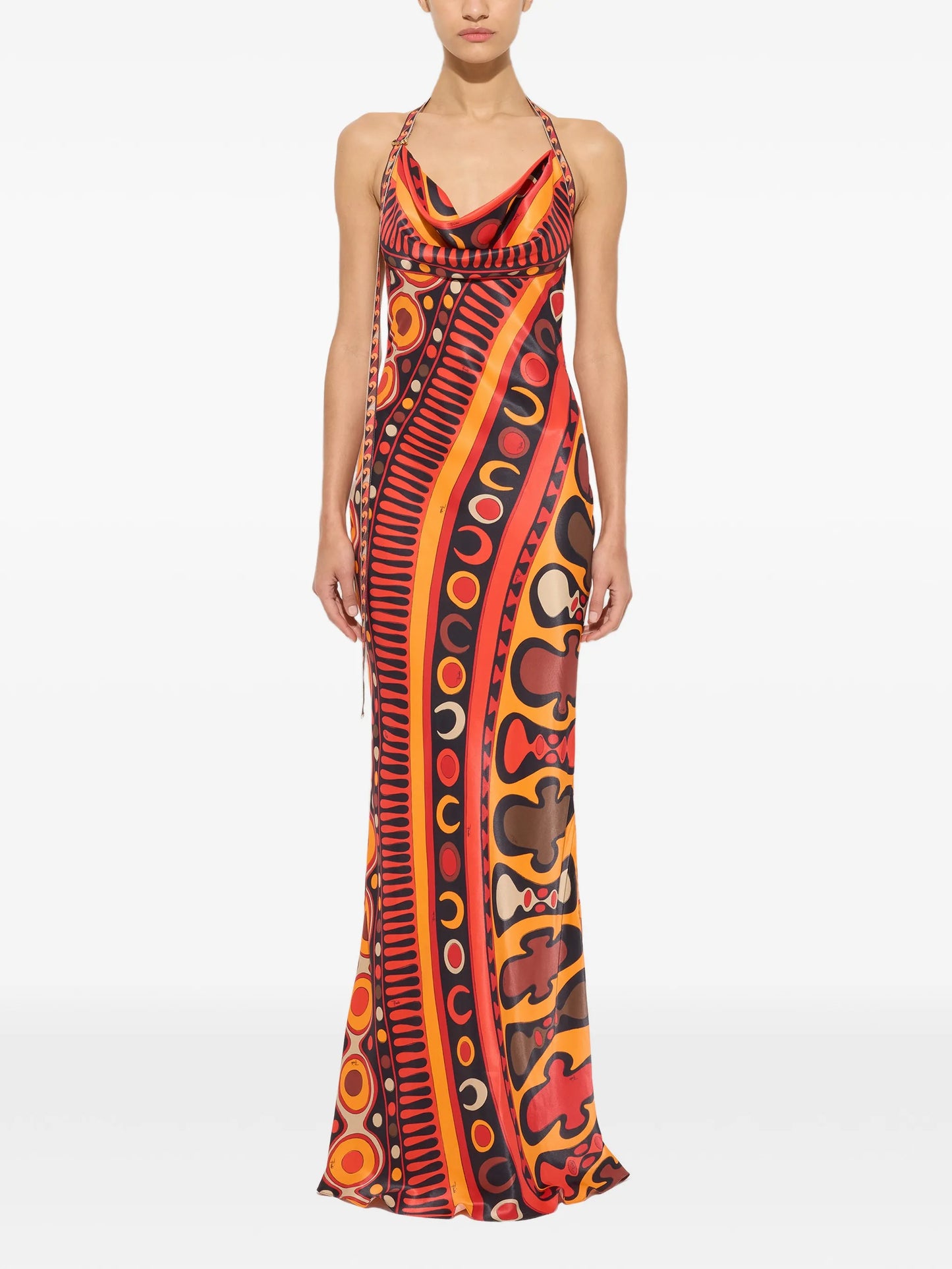 Soleil-print orange satin dress