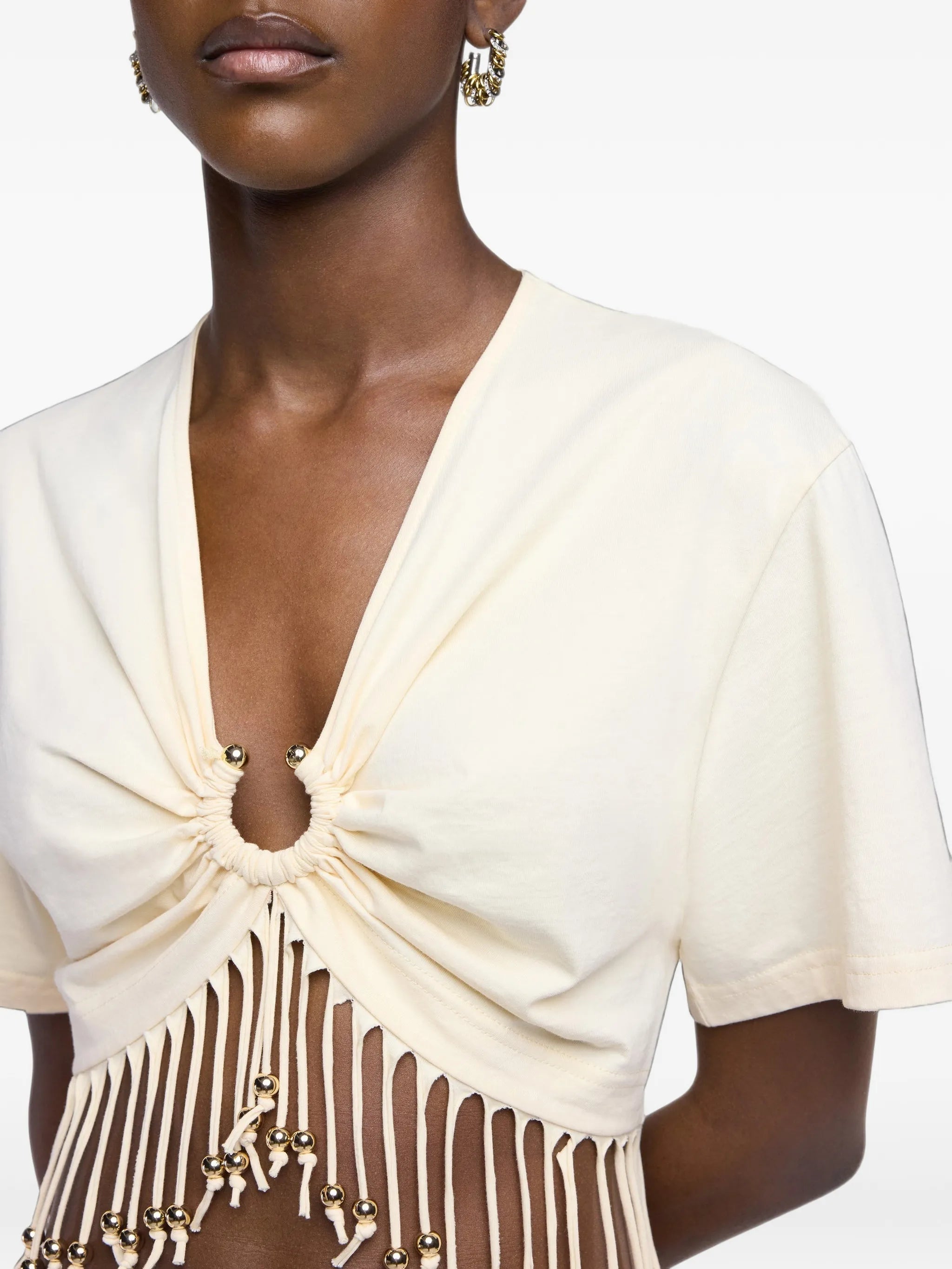 cotton crop top with beaded fringe details