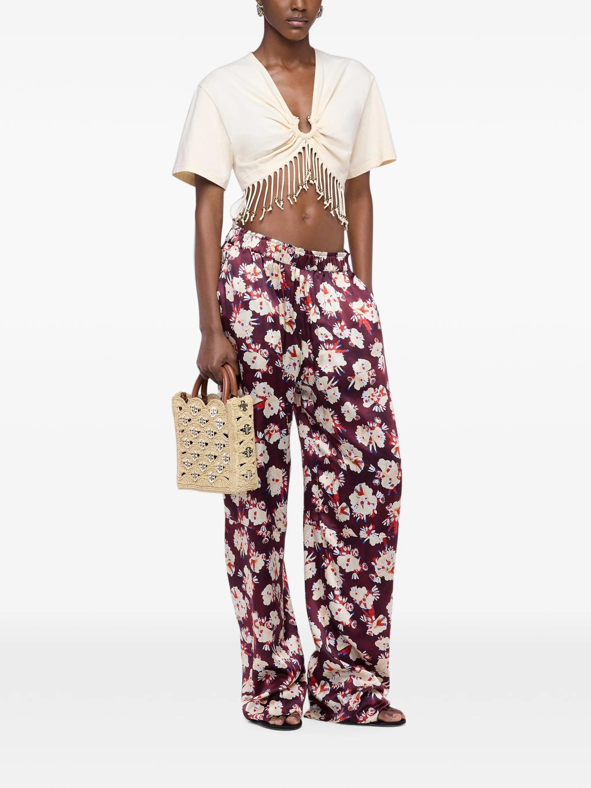 cotton crop top with beaded fringe details