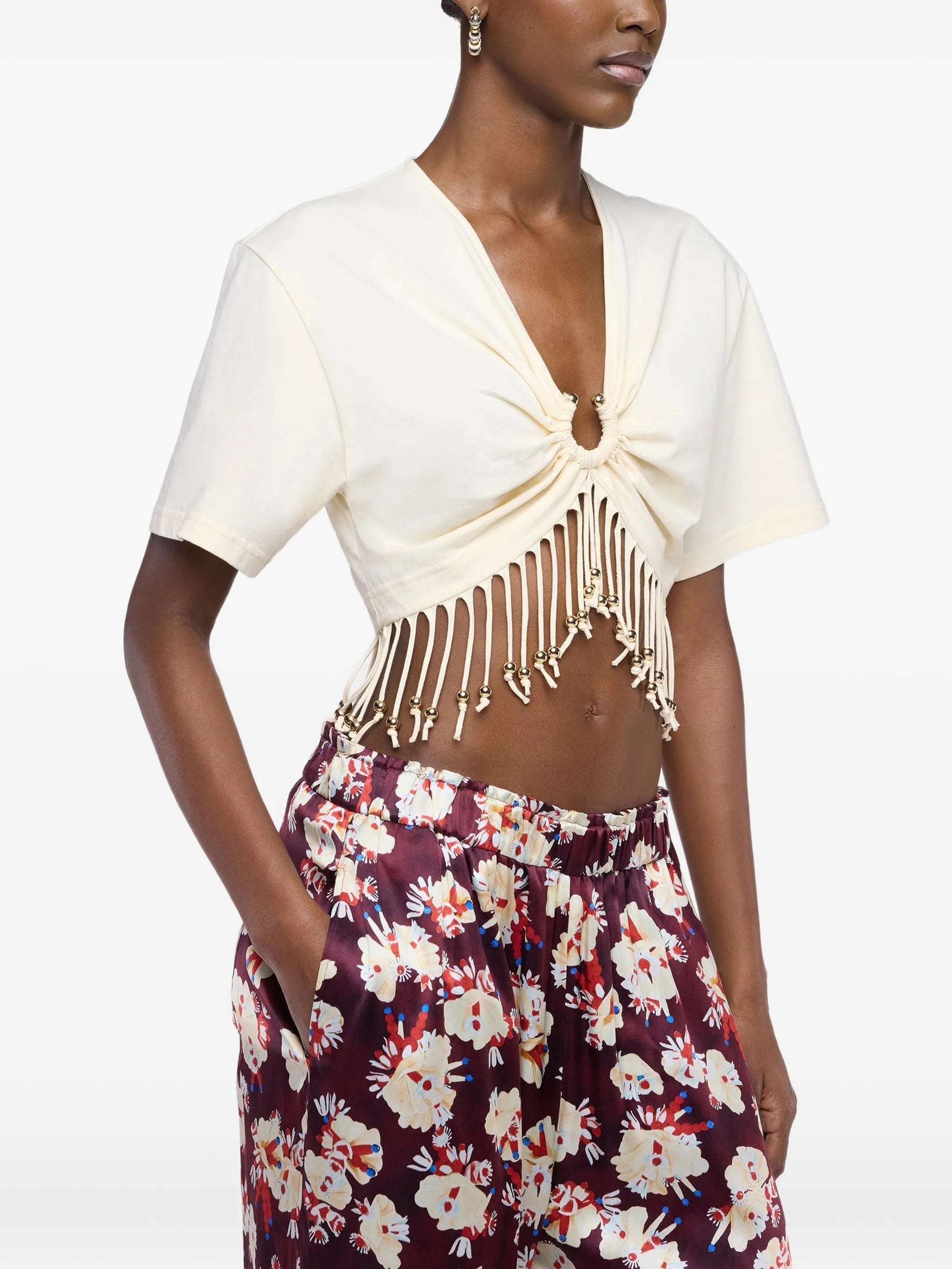 cotton crop top with beaded fringe details