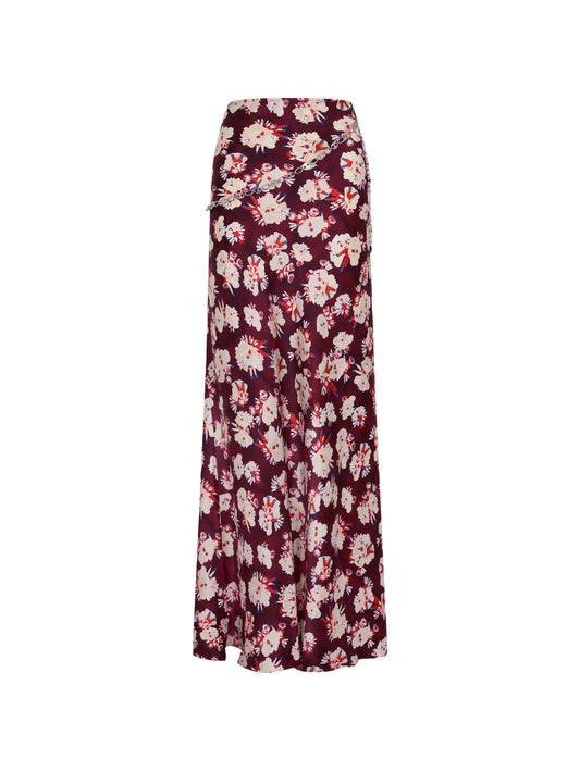 magenta floral patterned skirt in satin silk