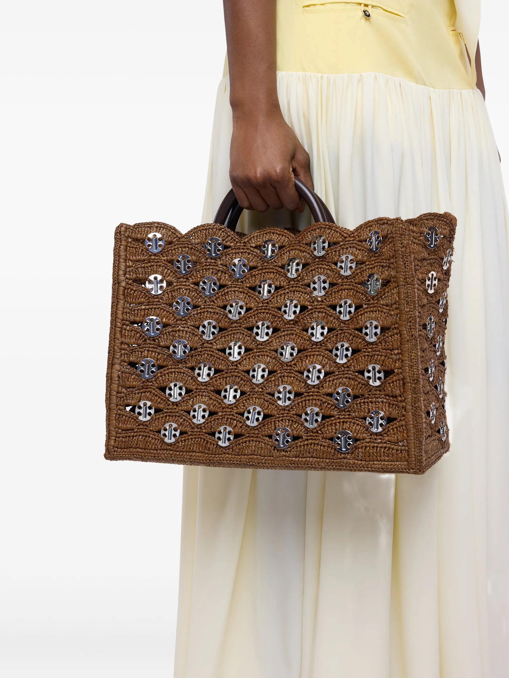 large tote bag in dark brown natural raffia with silver signature 1969 Discs