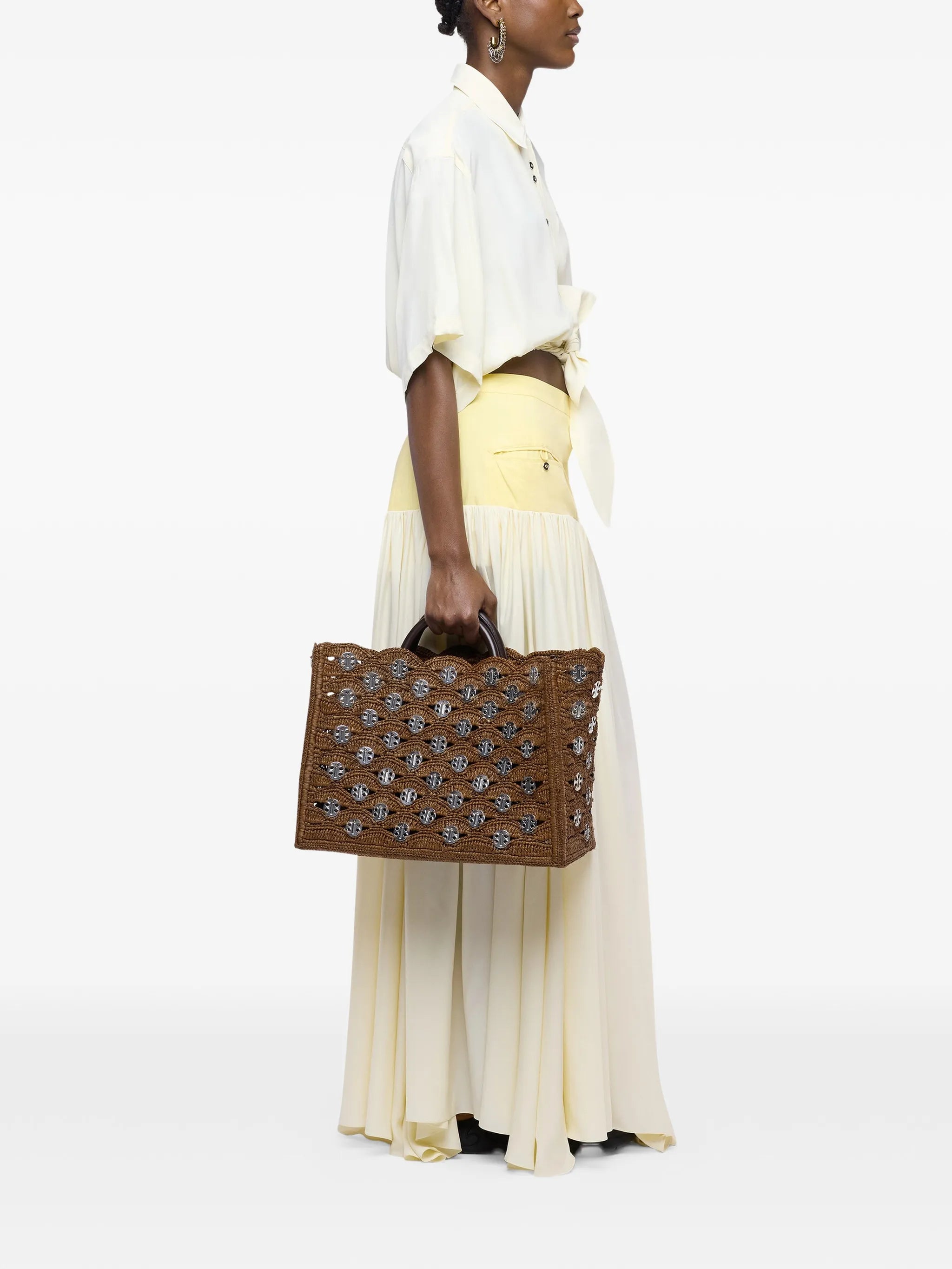 large tote bag in dark brown natural raffia with silver signature 1969 Discs