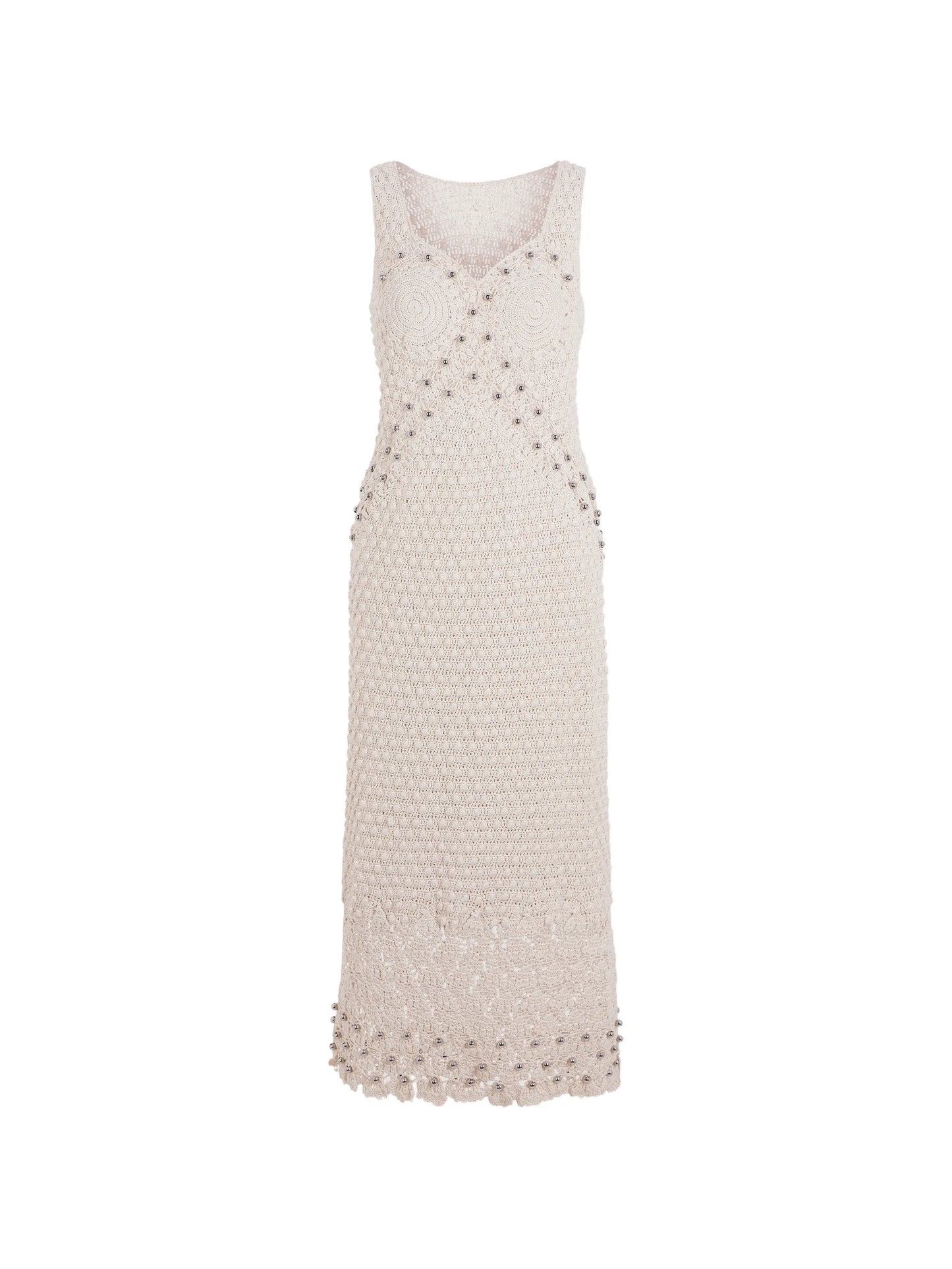 pearl-embellished crochet midi dress