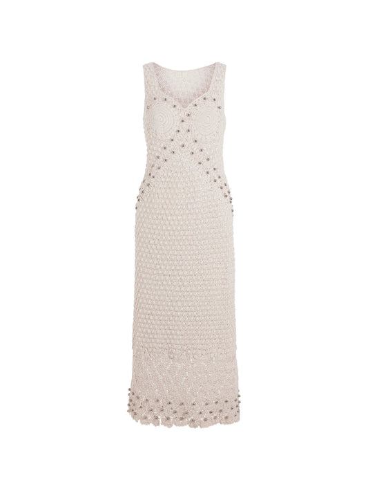 pearl-embellished crochet midi dress