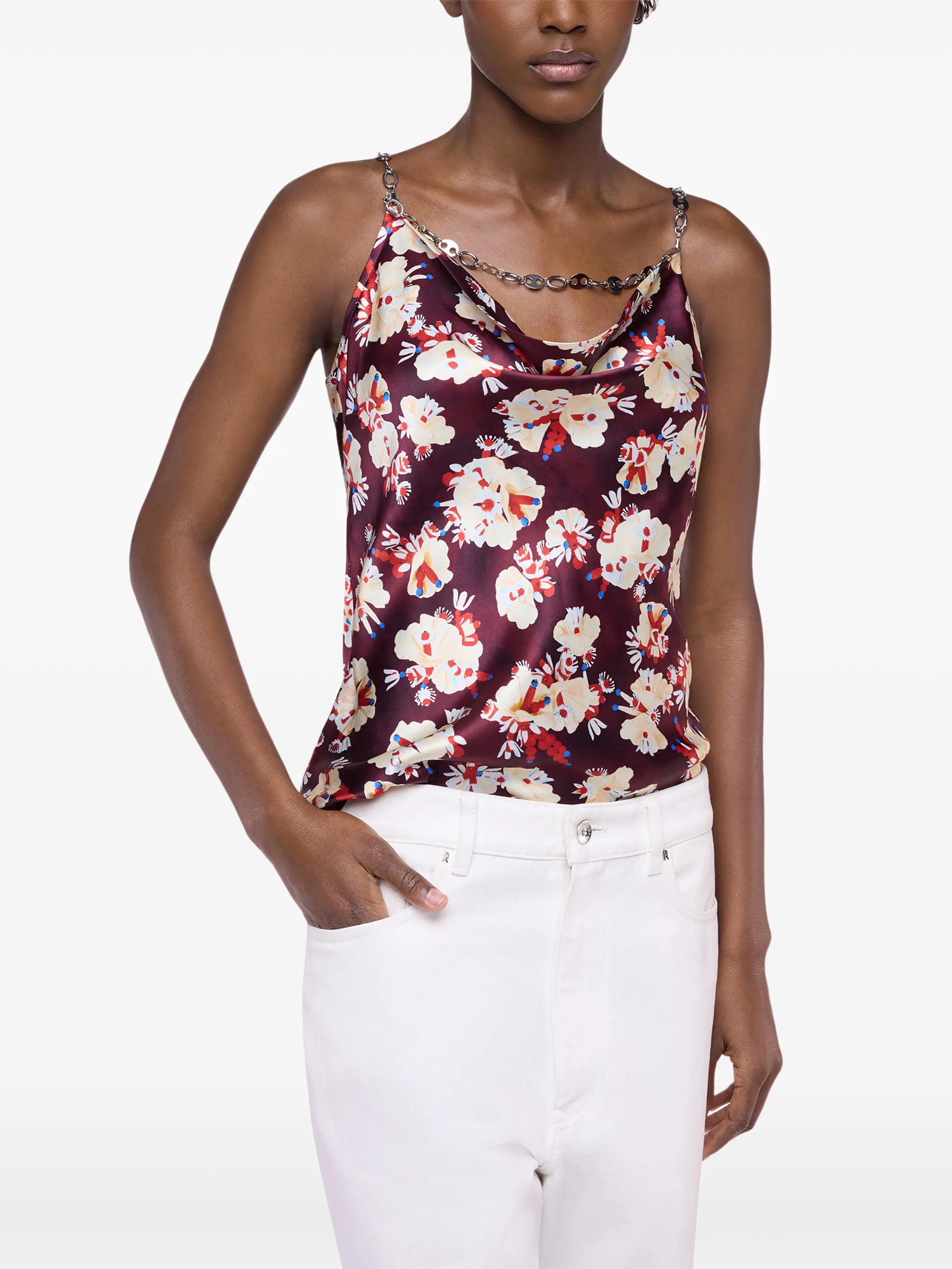 floral-patterned chain-detail top