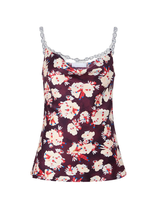 magenta floral patterned top in satin silk