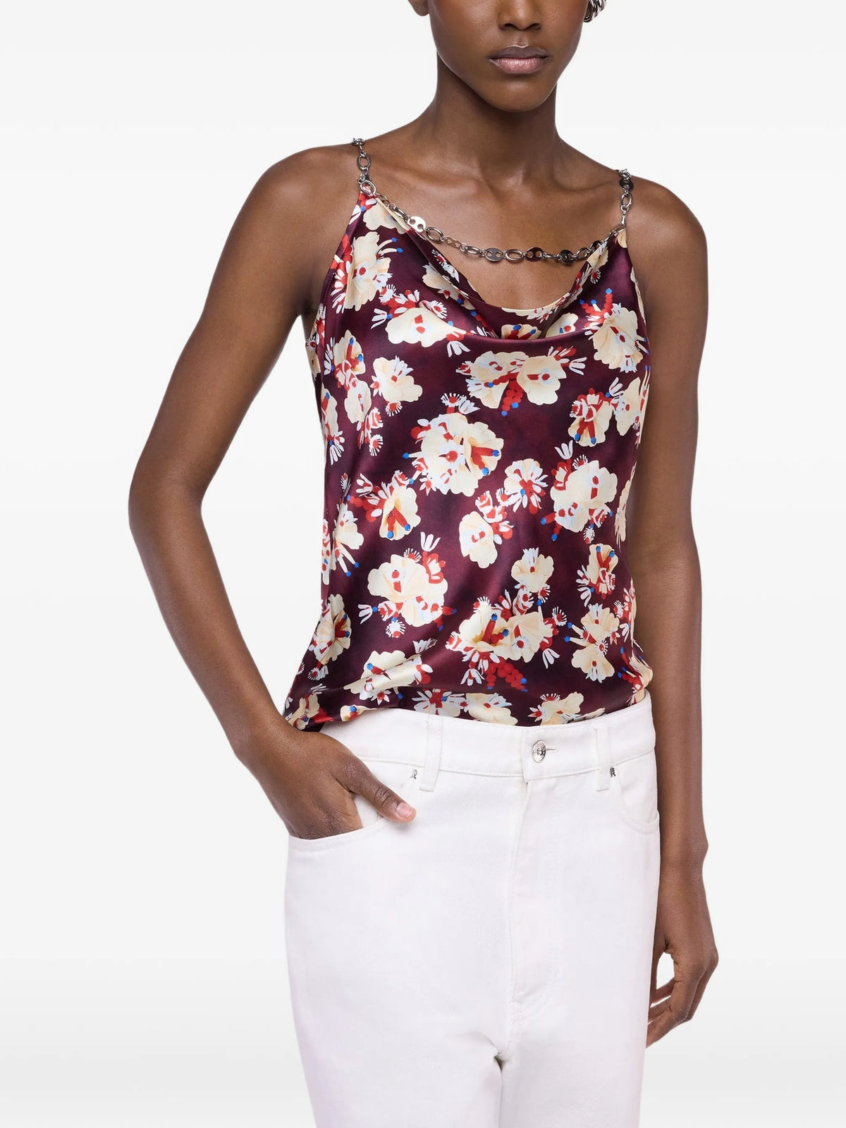 floral-patterned top in satin silk