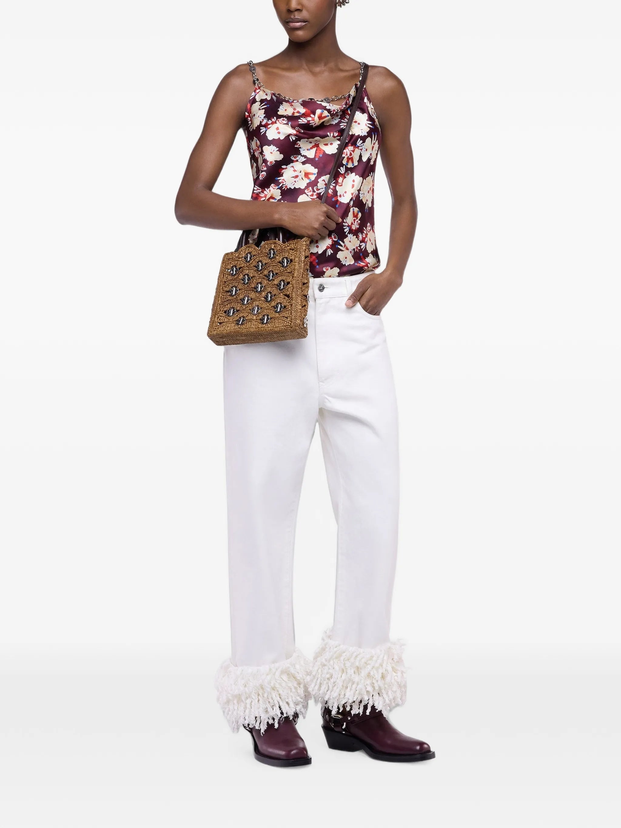 magenta floral patterned top in satin silk