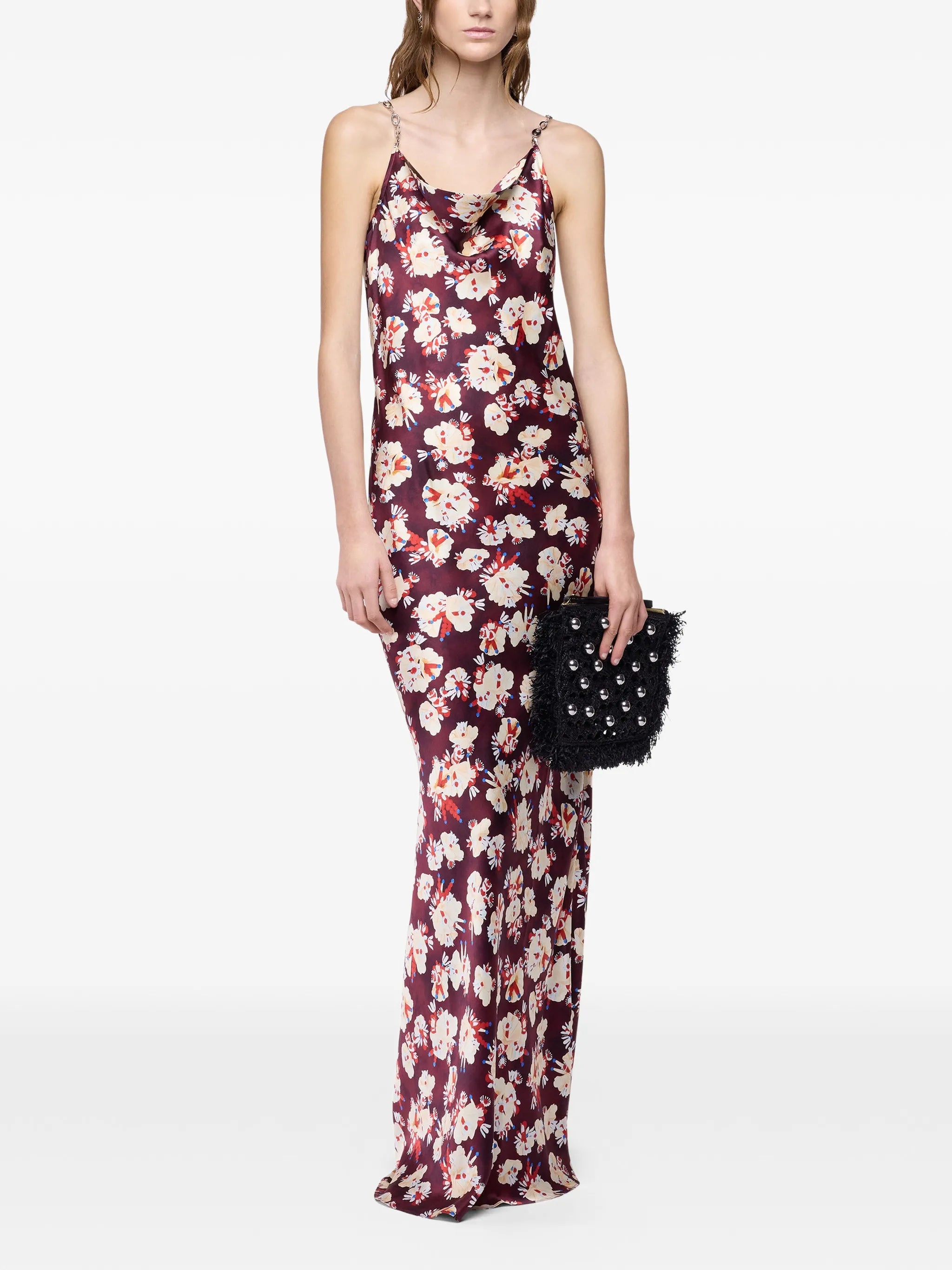 floral-patterned long dress in satin silk