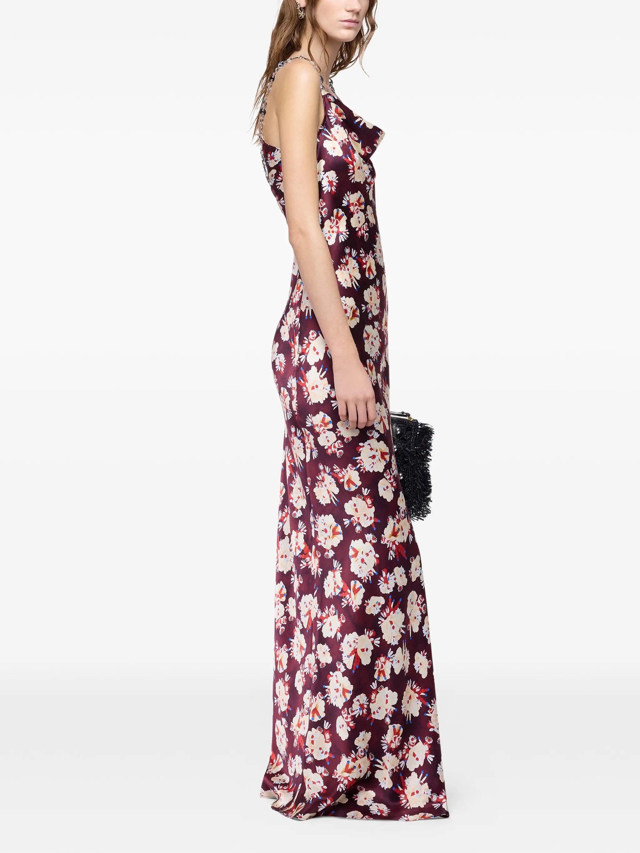 floral-patterned long dress in satin silk