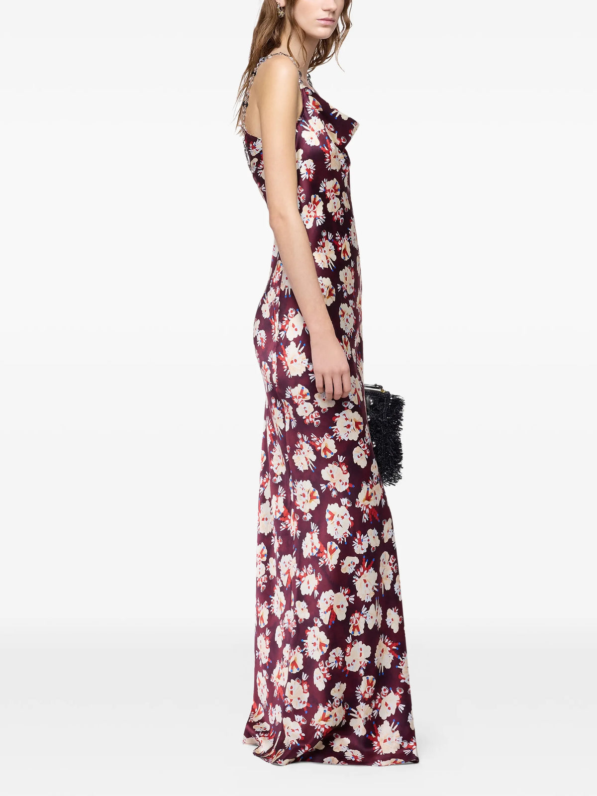 floral-patterned long dress in satin silk