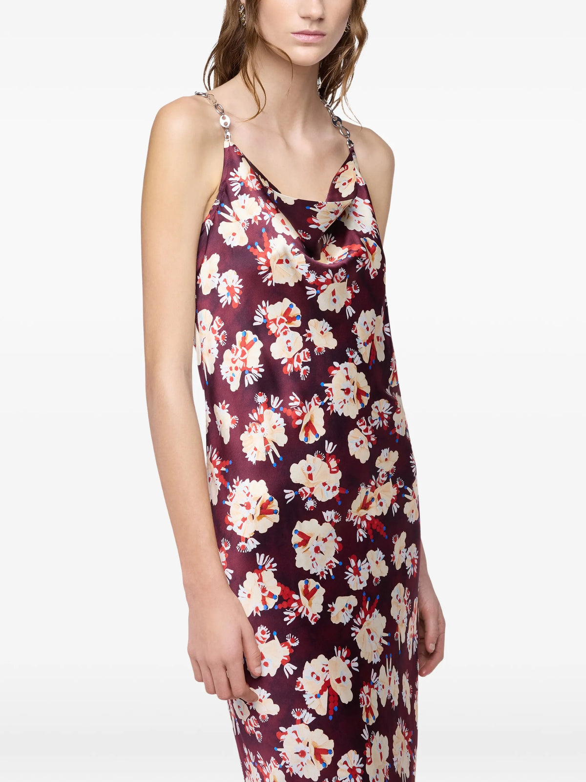 floral-patterned long dress in satin silk