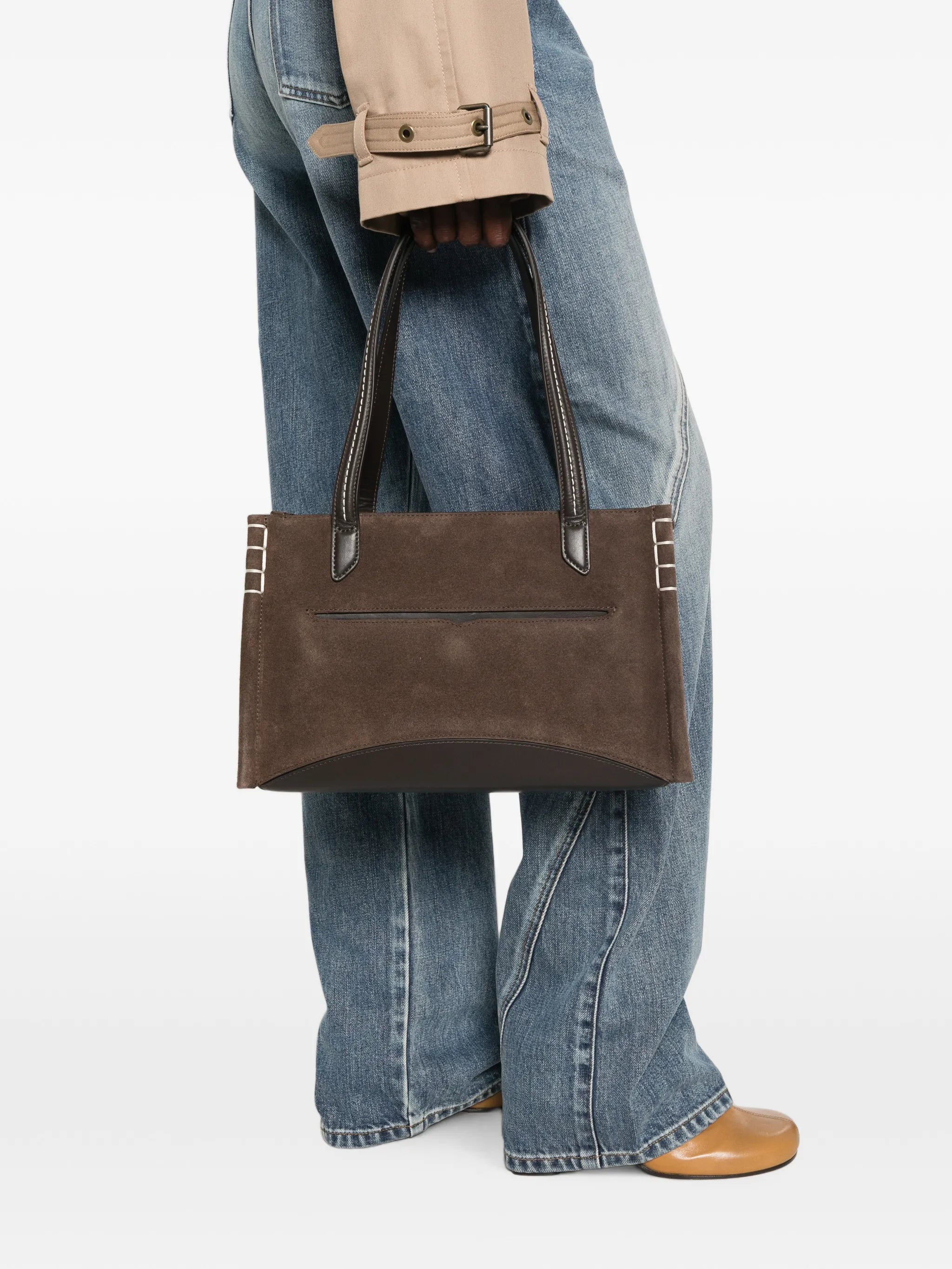 contrast-stitch suede tote bag