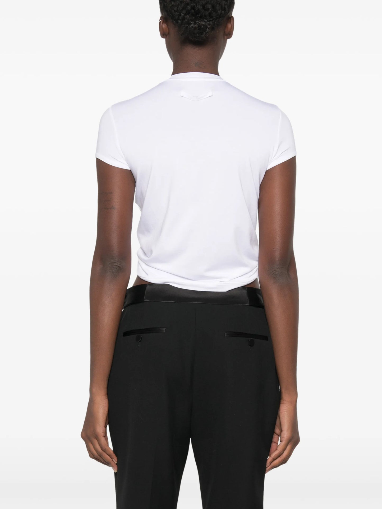 leather-tag ruched T-shirt