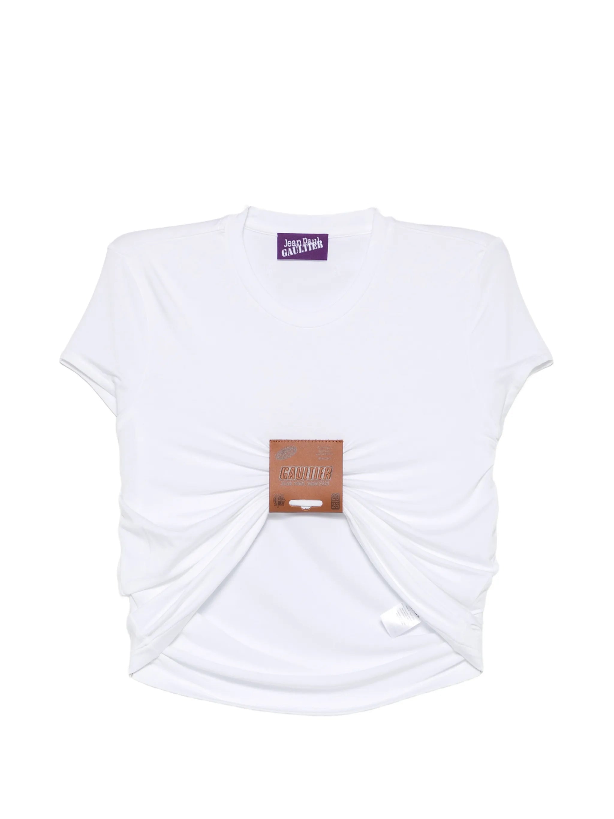 leather-tag ruched T-shirt