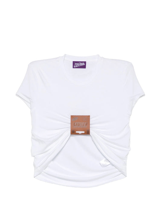 leather-tag ruched T-shirt